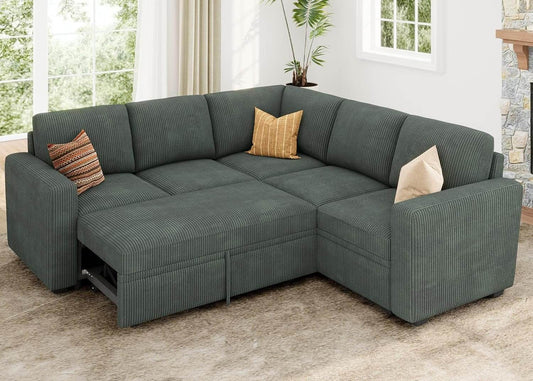 Green Corduroy Sectional Sleeper Sofa With Storage - Loft&Timber