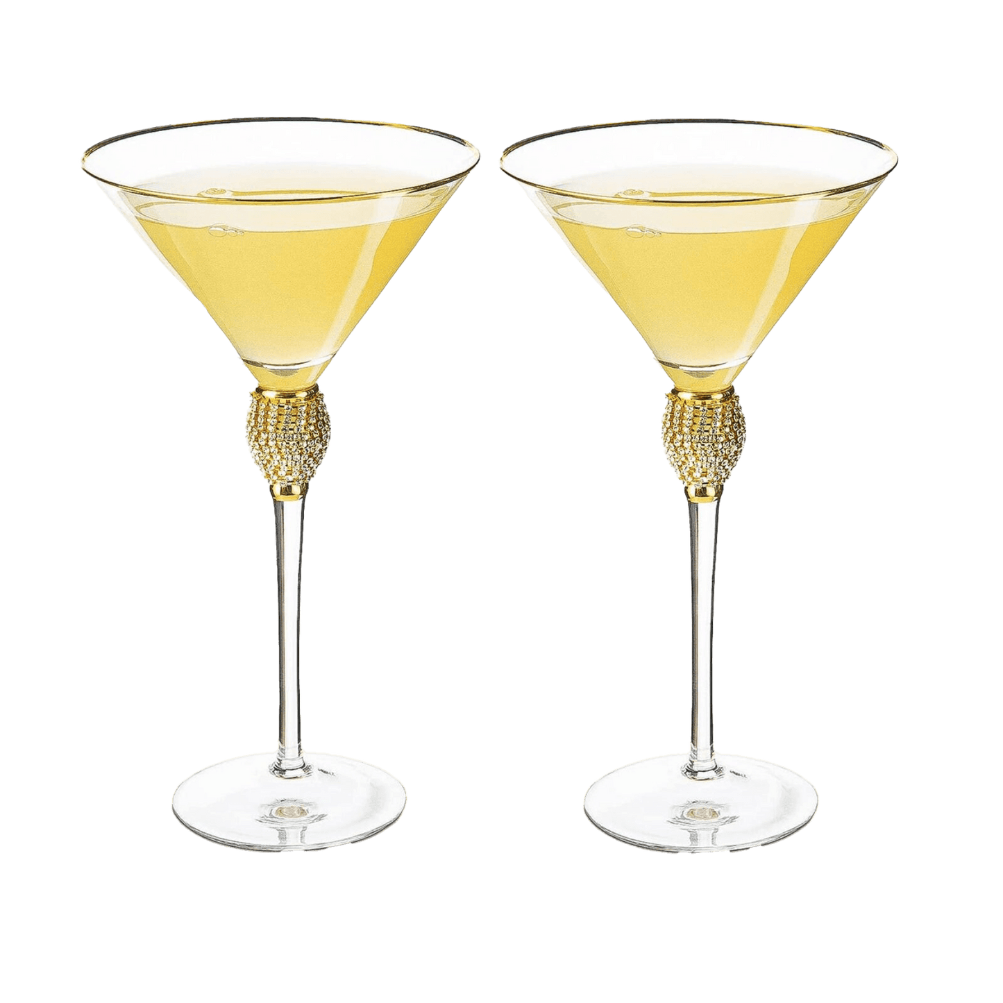 Diamond Collection 2 Piece Stemmed Martini Set - Rhinestone For Drinking Martinis, Manhattans, Vodka, Gin, Cocktails Gold Accent Cocktail Glasses, Perfect For Any Bar or Party 10oz - Swarovski Style - Loft&Timber