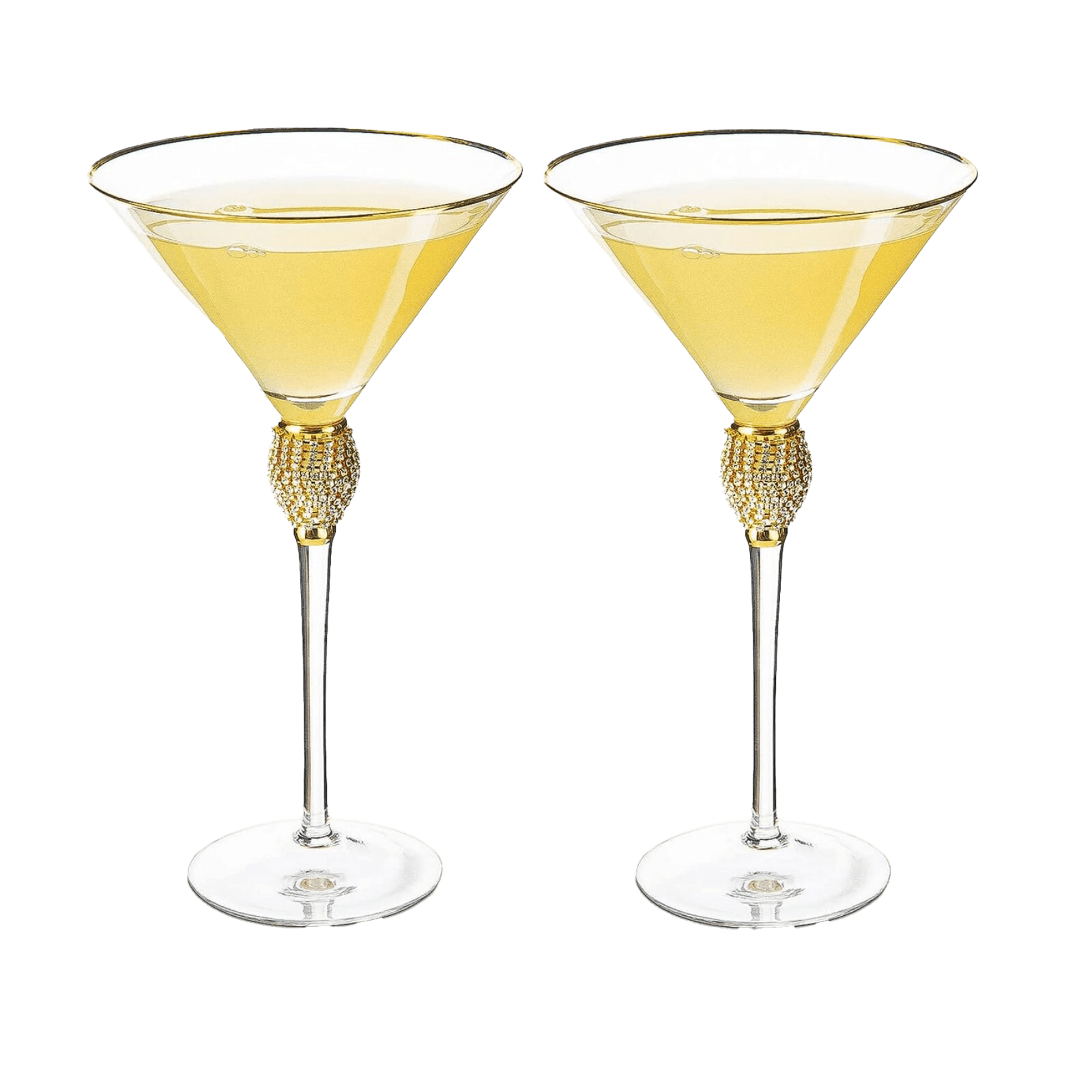 Diamond Collection 2 Piece Stemmed Martini Set - Rhinestone For Drinking Martinis, Manhattans, Vodka, Gin, Cocktails Gold Accent Cocktail Glasses, Perfect For Any Bar or Party 10oz - Swarovski Style - Loft&Timber