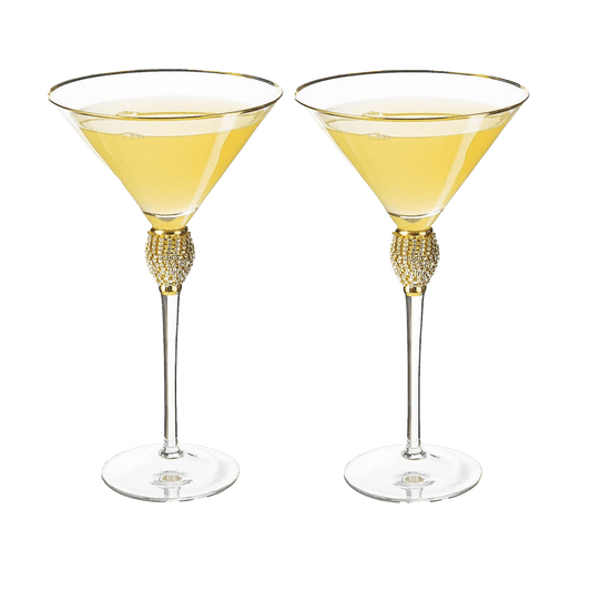 Diamond Collection 2 Piece Stemmed Martini Set - Rhinestone For Drinking Martinis, Manhattans, Vodka, Gin, Cocktails Gold Accent Cocktail Glasses, Perfect For Any Bar or Party 10oz - Swarovski Style - Loft&Timber