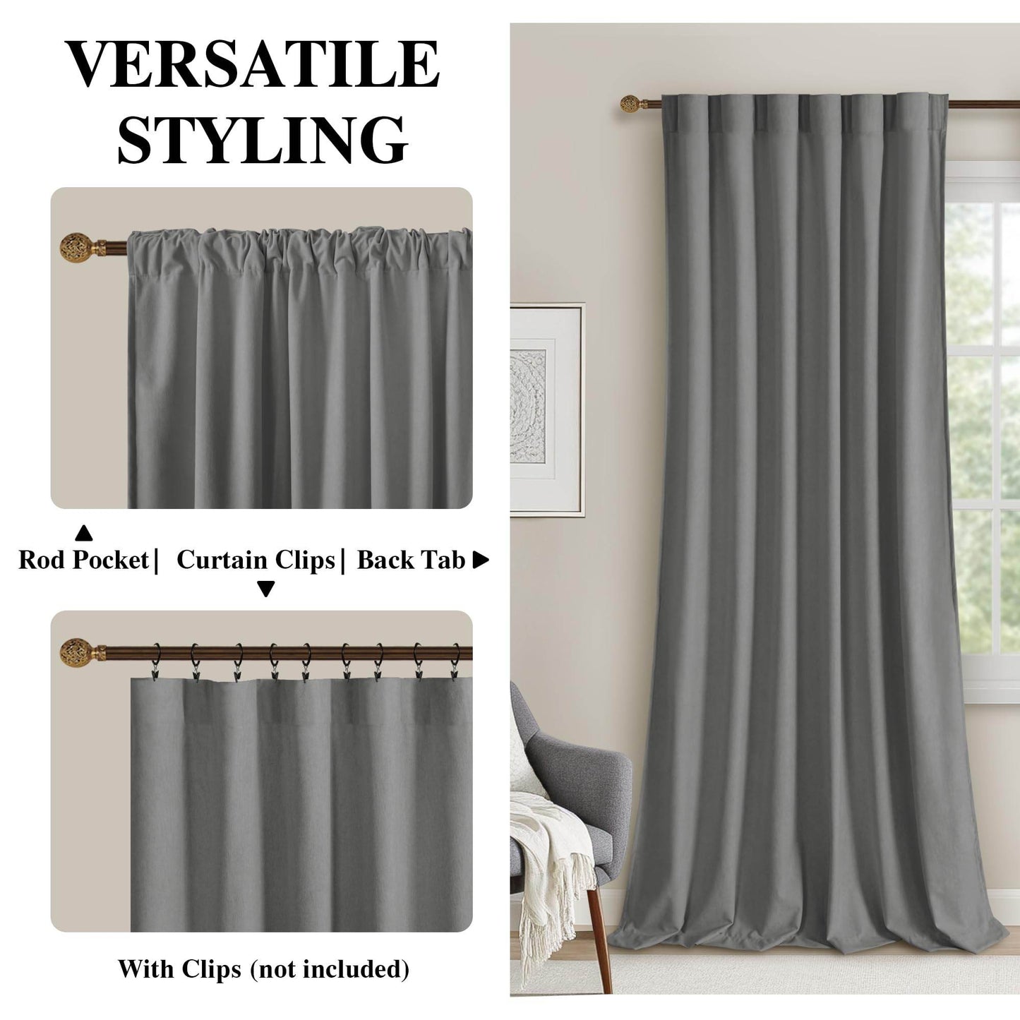 DWCN Velvet Curtains, 2 Panels - Rod Pocket and Back Tab - Loft&Timber