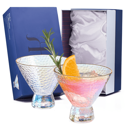 Iridescent Lustered Stemless Martini Glasses Set of 2 - Hammered Cocktail & Martini Glasses - Luxury Gift Box - Gold Rim 8oz Colorful Stemless Glassware - Weddings, Anniversary, Christmas, Barware - Loft&Timber