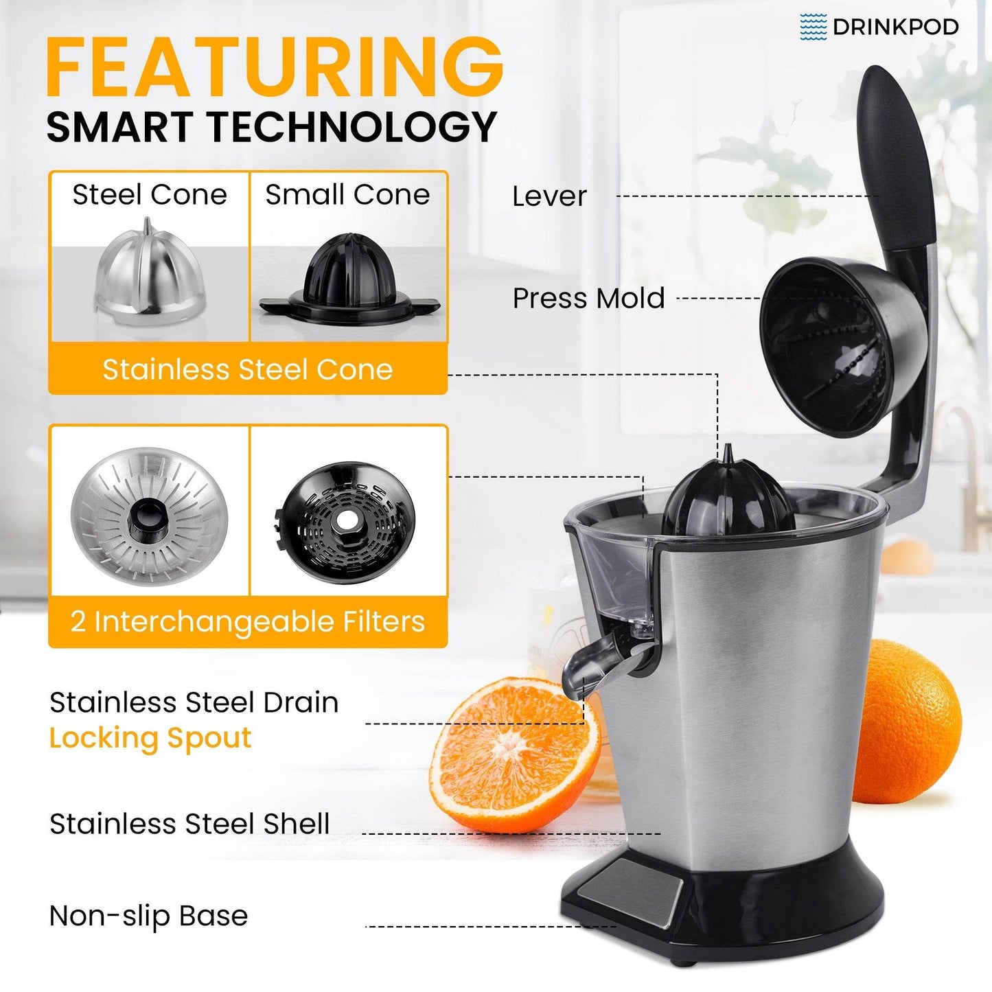 Premium Electric Orange Juicer | Stainless Steel Citrus Squeezer With New Ultra-Powerful Motor and Soft Grip Handle for Effortless Juicing, Auto Shutoff, Dishwasher-safe Parts, Pulp Control - Loft&Timber