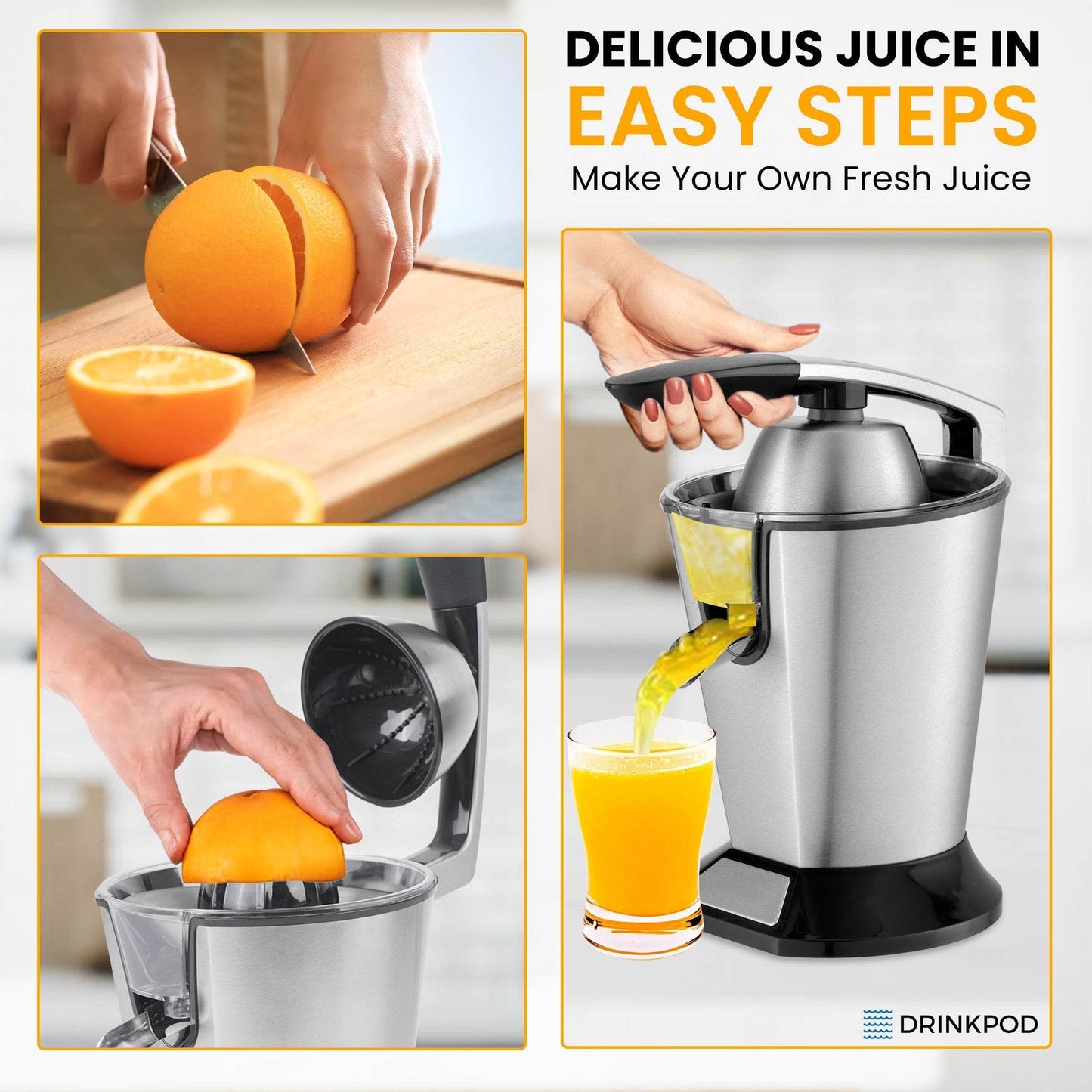 Premium Electric Orange Juicer | Stainless Steel Citrus Squeezer With New Ultra-Powerful Motor and Soft Grip Handle for Effortless Juicing, Auto Shutoff, Dishwasher-safe Parts, Pulp Control - Loft&Timber
