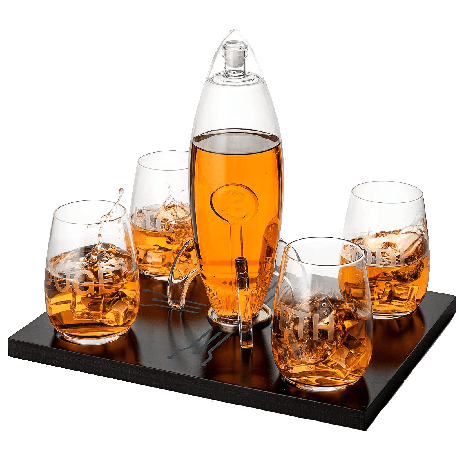 Cryptocurrency Decanter, Bitcoin Decanter To The Moon, Crypto Elon Musk Lovers Ethereum Whiskey & Wine Decanter Set 450ml Four 12 oz Glasses by The Wine Savant Rocket Decanter - Crypto Gifts, HODL - Loft&Timber