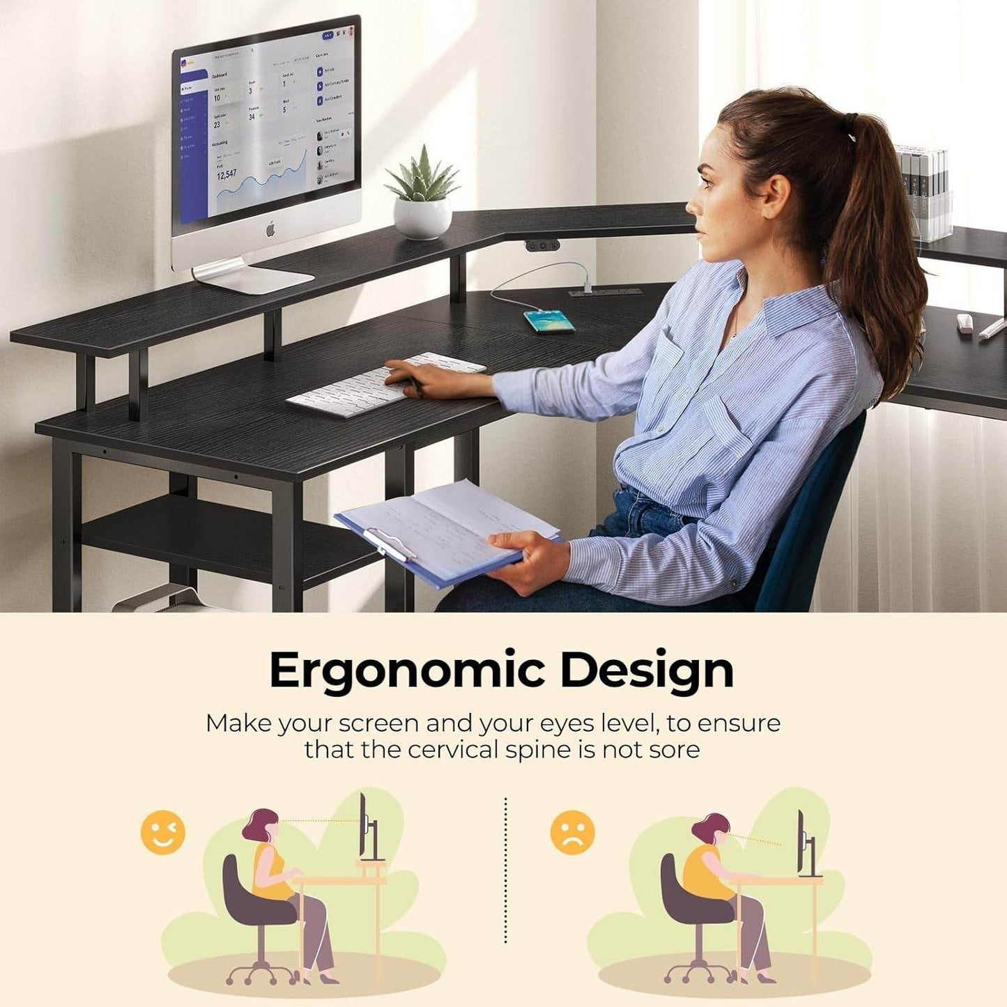 L Shaped Desk with LED Lights & Power Outlets - Loft&Timber