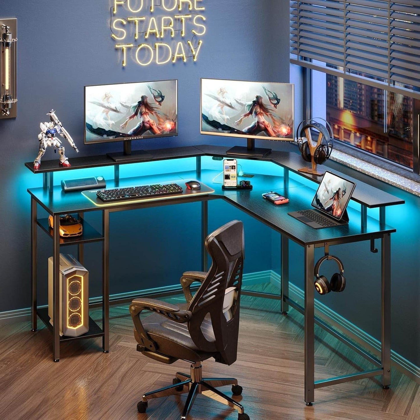L Shaped Desk with LED Lights & Power Outlets - Loft&Timber