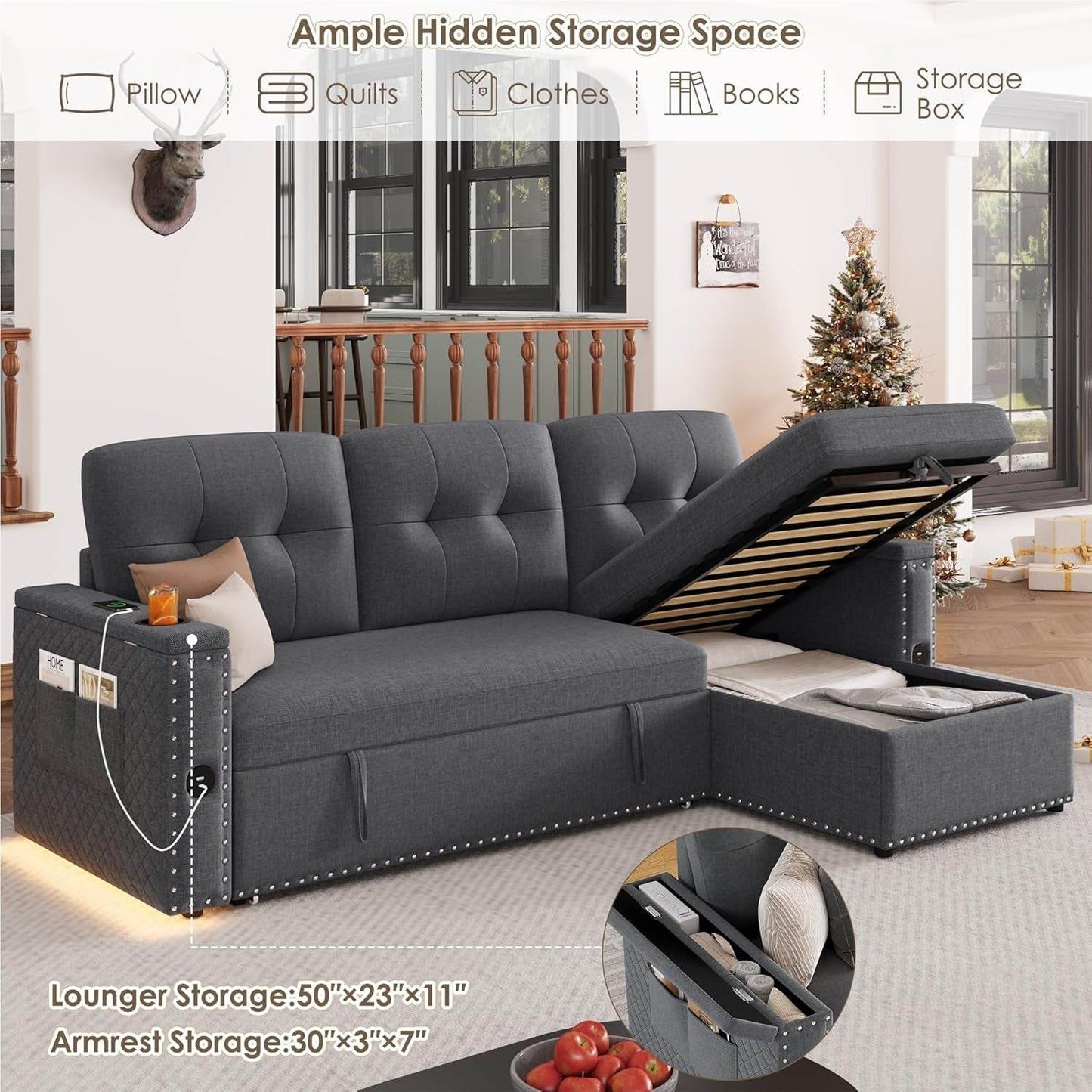 L Shaped Sleeper Sofa Bed with Storage and USB Port - Loft&Timber