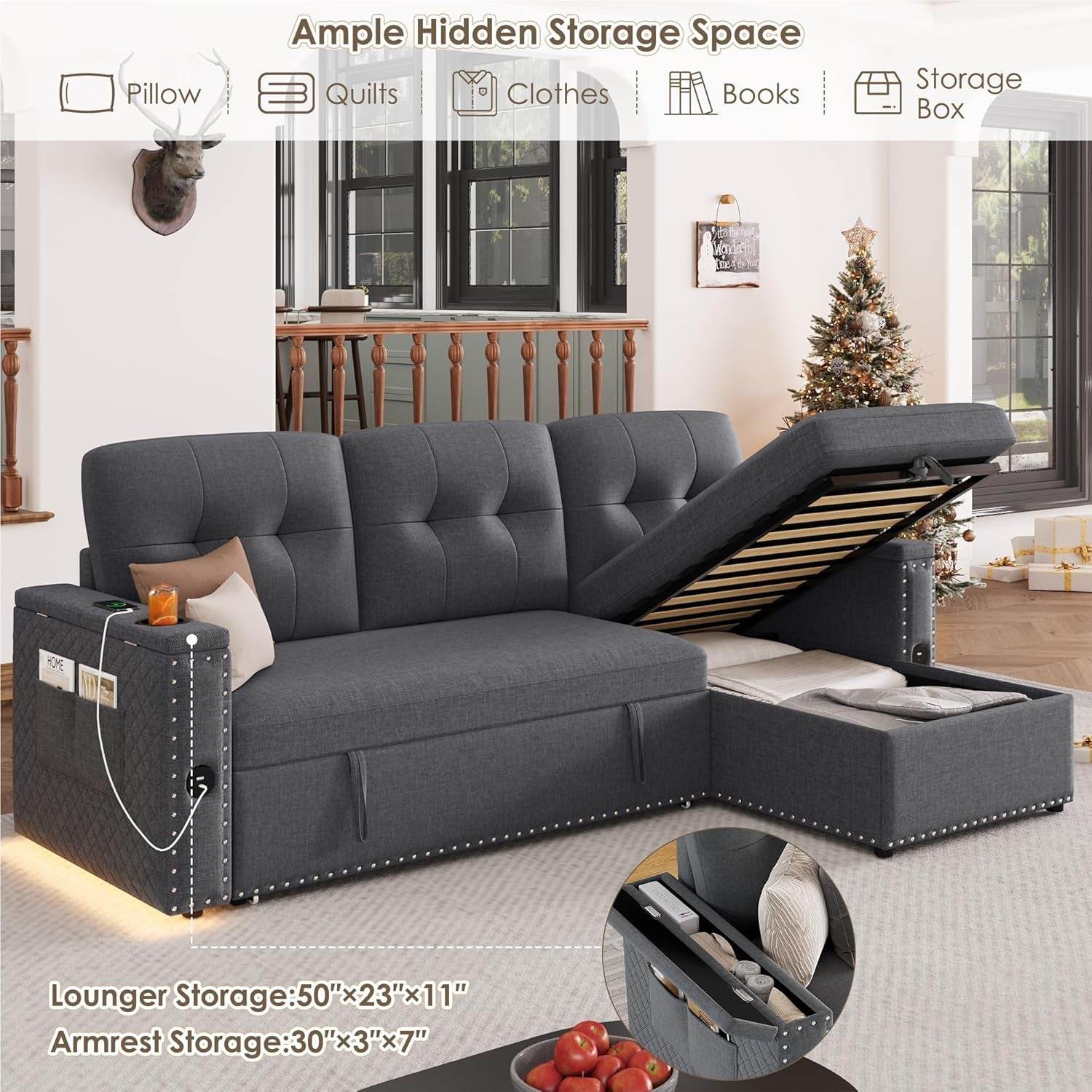 L Shaped Sleeper Sofa Bed with Storage and USB Port - Loft&Timber