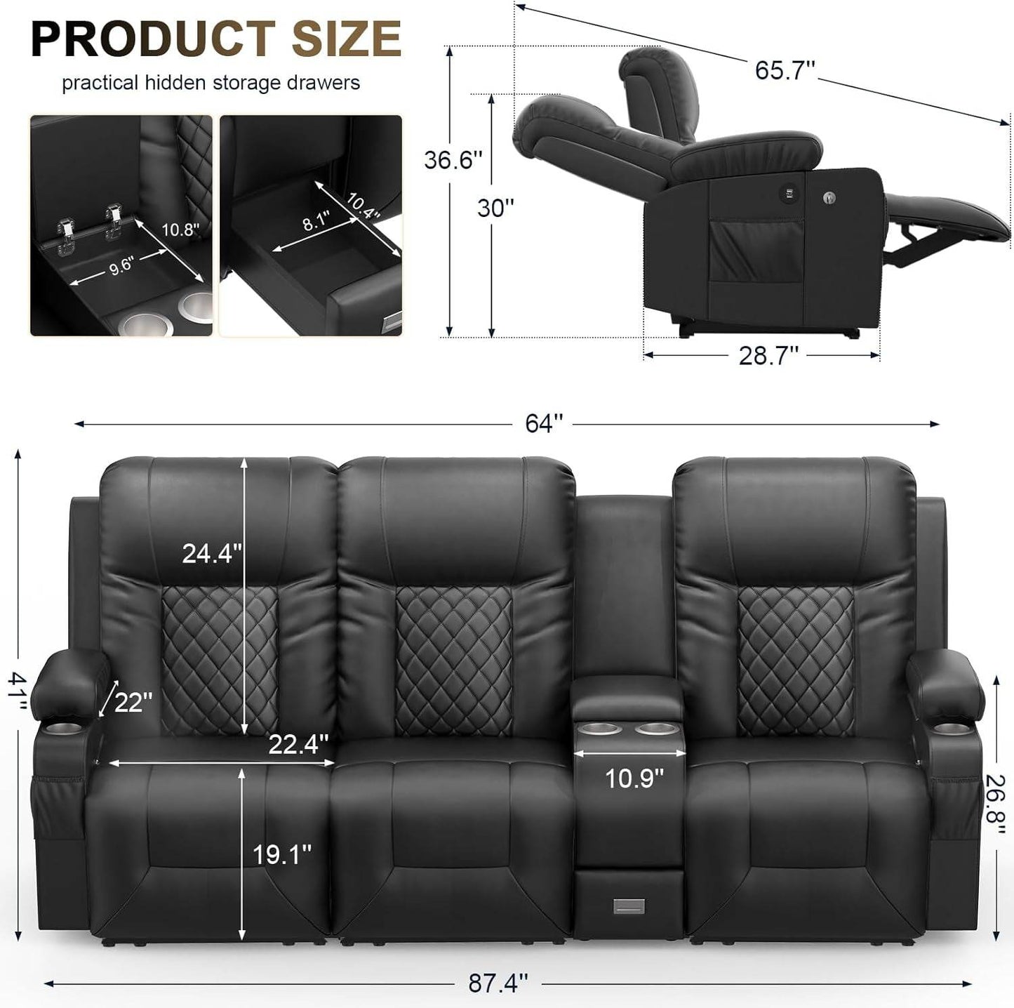 Large 3 Seat Recliner Sofa with USB Ports - Loft&Timber