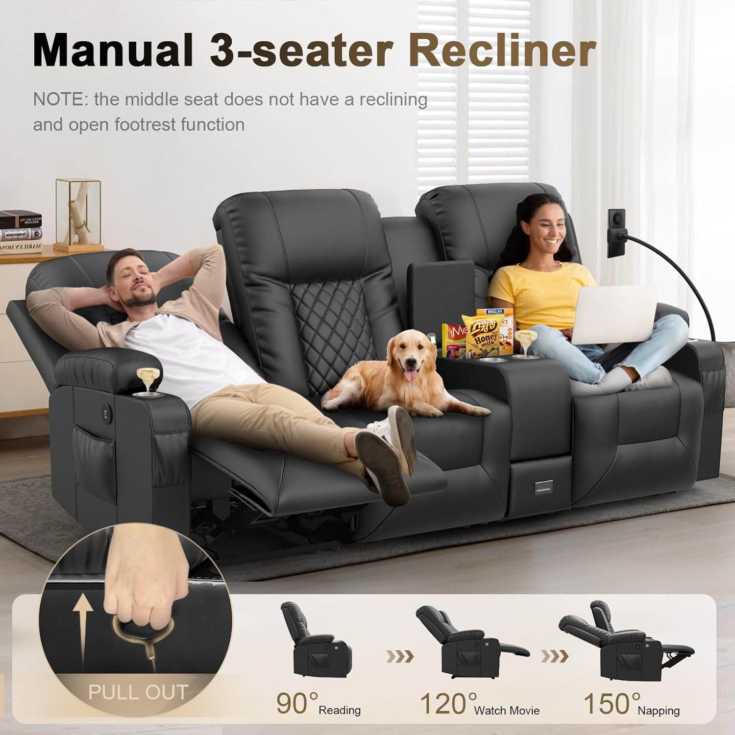 Large 3 Seat Recliner Sofa with USB Ports - Loft&Timber