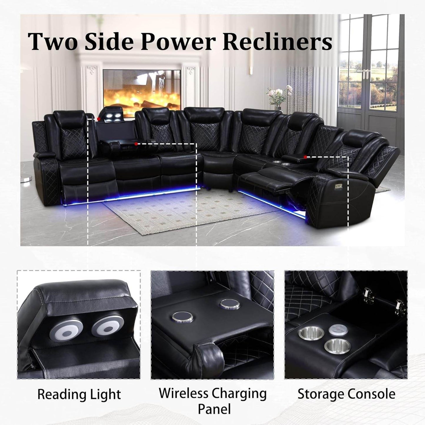 Leather Power Recliner Sectional Sofa with USB Charging - Loft&Timber