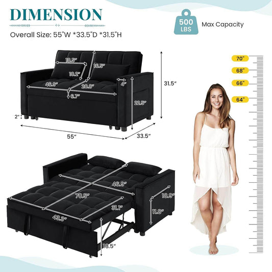 Modern Velvet 3 in 1 Convertible Sleeper Sofa Bed - Loft&Timber