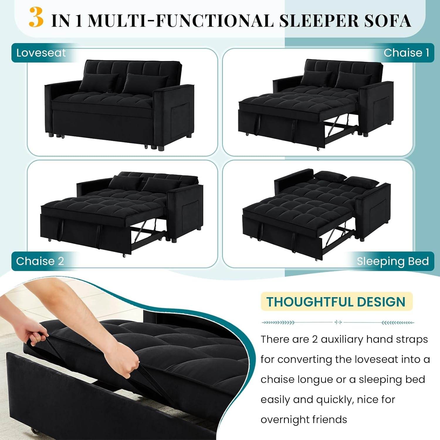 Modern Velvet 3 in 1 Convertible Sleeper Sofa Bed - Loft&Timber