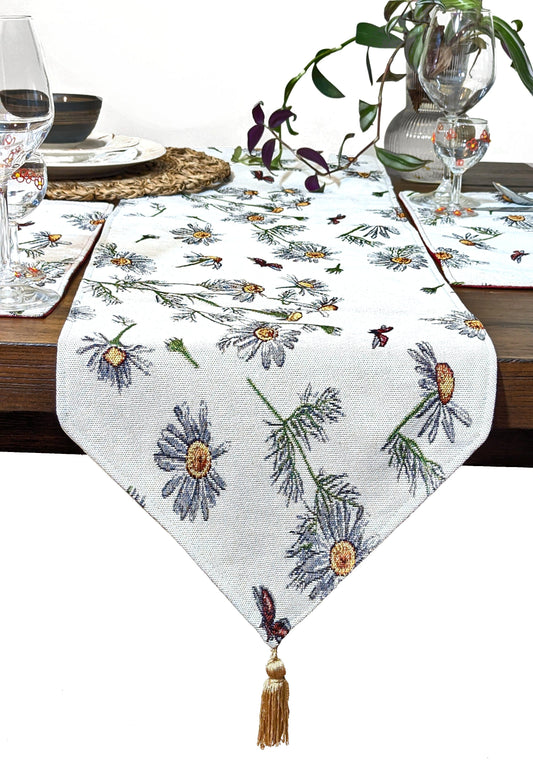 Tache Floral Yellow Daisies Ladybugs Ivory Woven Tapestry Table Runner (18114)-1