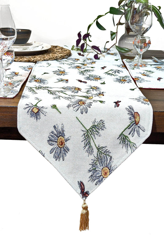 Tache Floral Yellow Daisies Ladybugs Ivory Woven Tapestry Table Runner - Loft&Timber