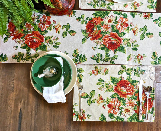 Tache Sweet Roses Vintage Ivory Woven Floral Tapestry Table Runners (17593TR)-1