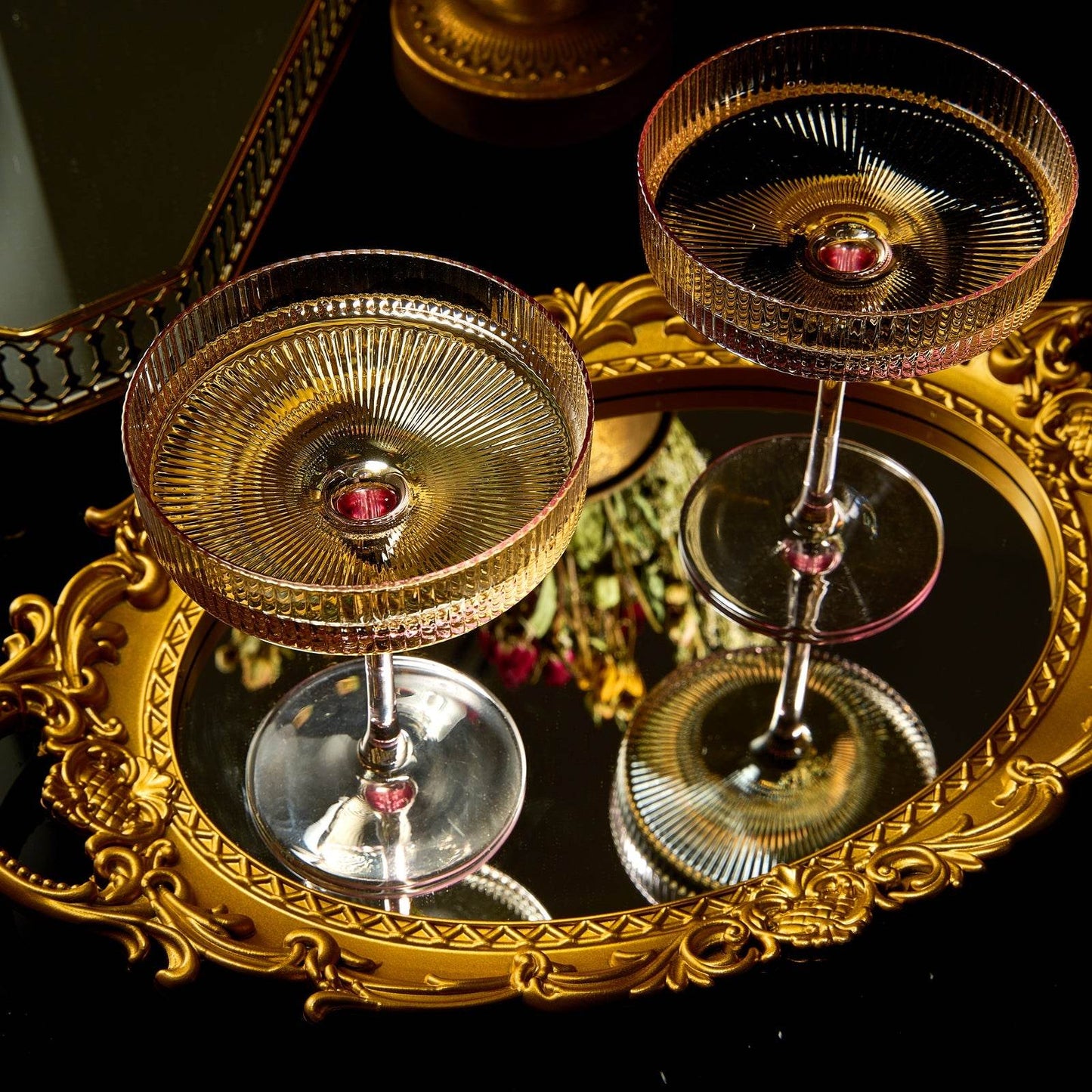 The Wine Savant Ribbed Coupe Cocktail Glasses 8 oz | Set of 2 | Classic Manhattan Glasses For Cocktails, Champagne Coupe, Ripple Coupe Glasses, Art Deco Gatsby Vintage, Crystal with Stems (Rose Pink) - Loft&Timber