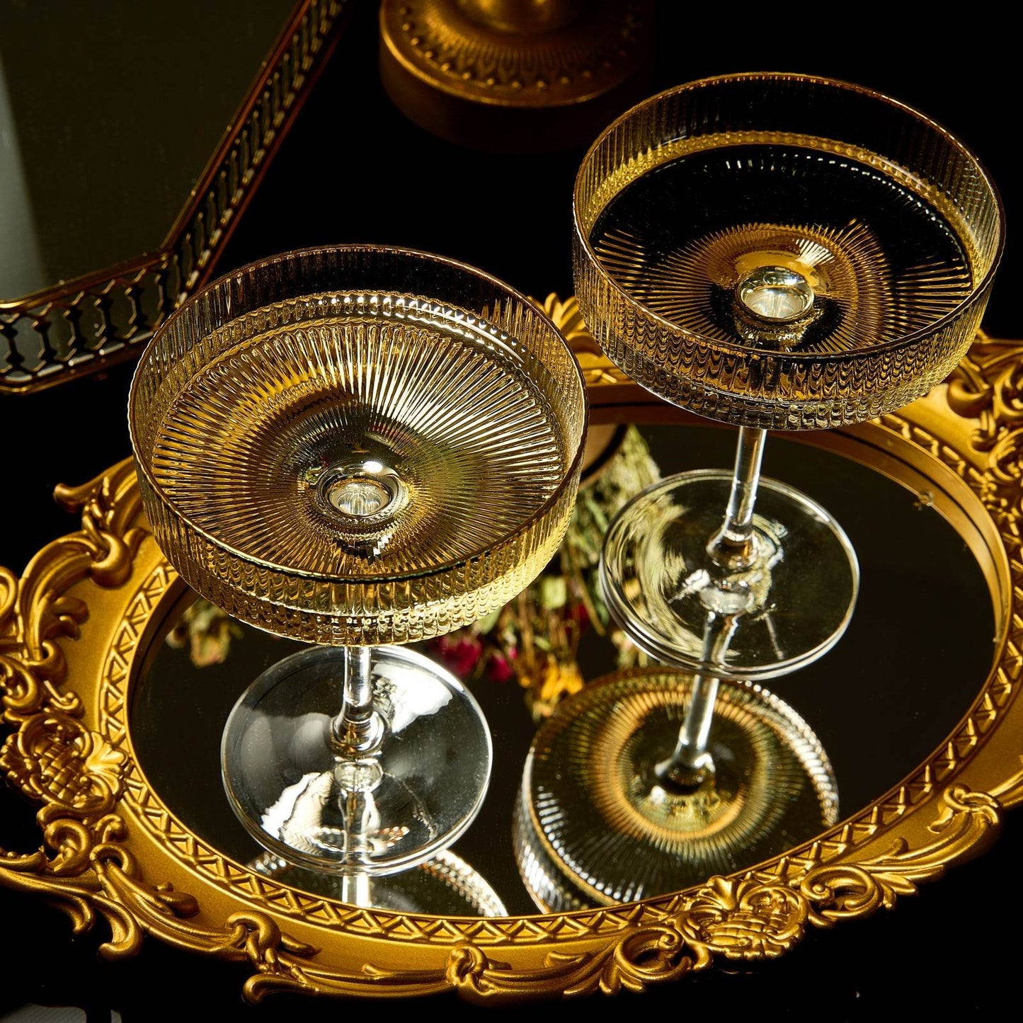 Ribbed Coupe Cocktail Glasses With Gold Rim 8 oz | Set of 2 | Classic Manhattan Glasses For Cocktails, Champagne Coupe, Ripple Coupe Glasses, Art Deco Gatsby Vintage, Crystal with Stems - Loft&Timber