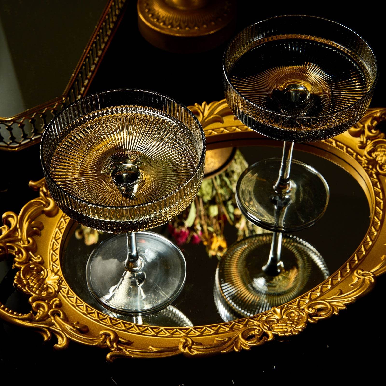 Ribbed Coupe Cocktail Glasses 8 oz | Set of 2 | Classic Manhattan Glasses For Cocktails, Champagne Coupe, Ripple Coupe Glasses, Art Deco Gatsby Vintage, Crystal with Stems (Smoke Grey) - Loft&Timber