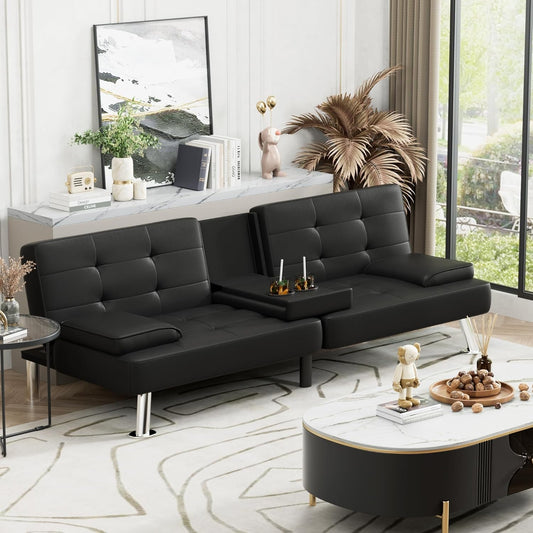 Futon Sofa Bed, Leather Futon Couch with Removable Armrests, Adjustable Recliner Sleeper Sofa Bed with Dual Cup Holders for Living Room, Apartment, Office (Black)-1