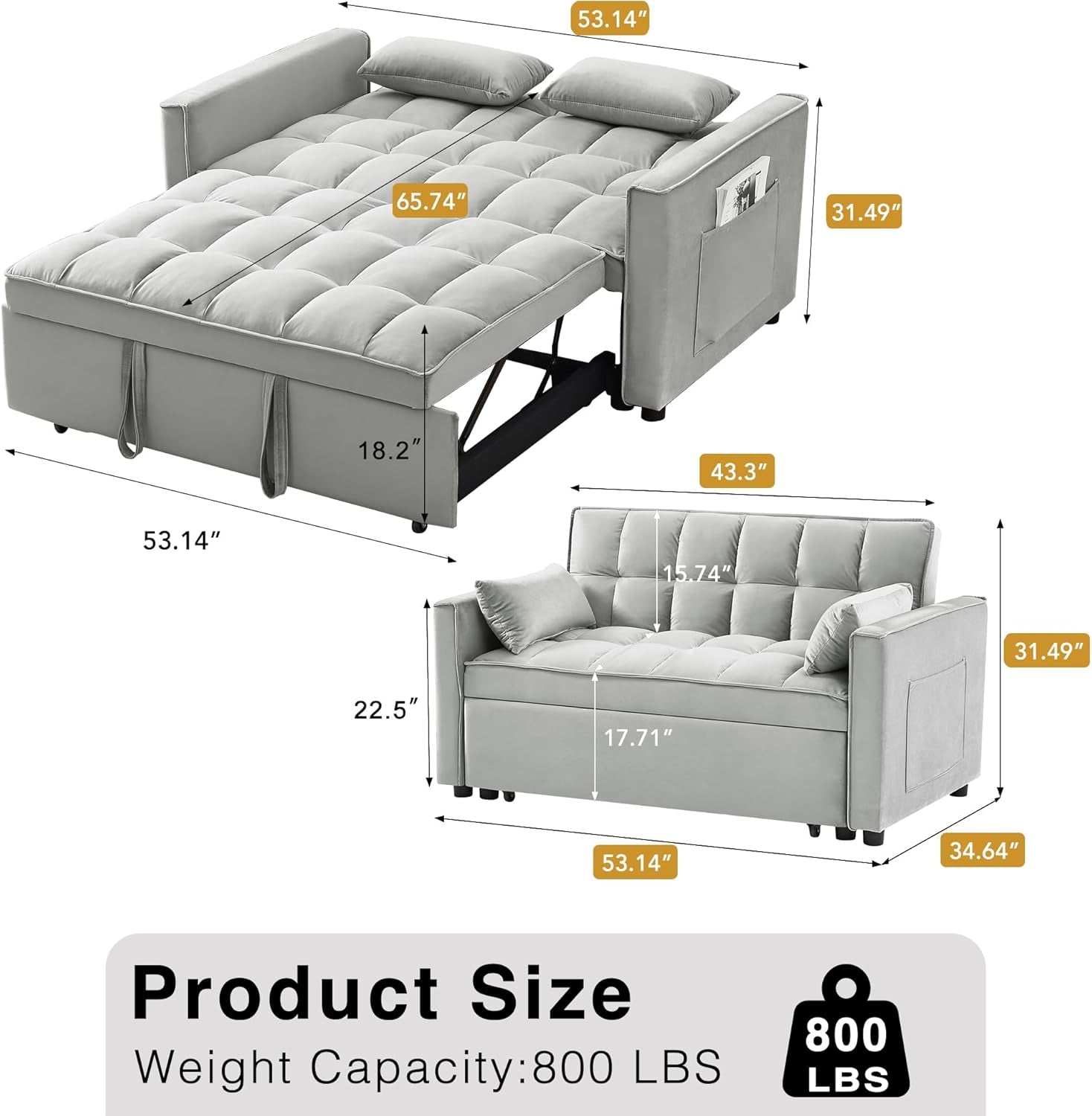 Three In One Convertible Velvet Sleeper Sofa Bed-1