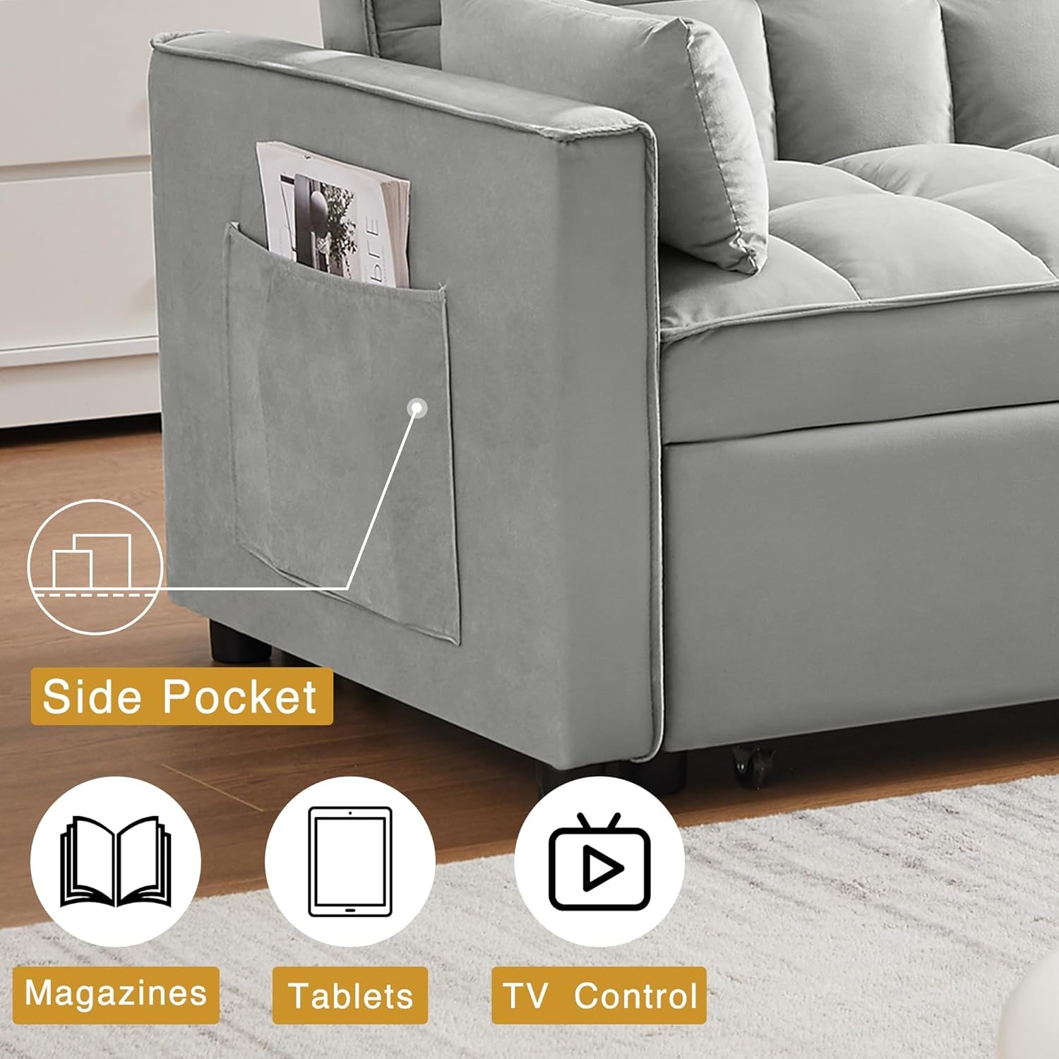 Three In One Convertible Velvet Sleeper Sofa Bed-3