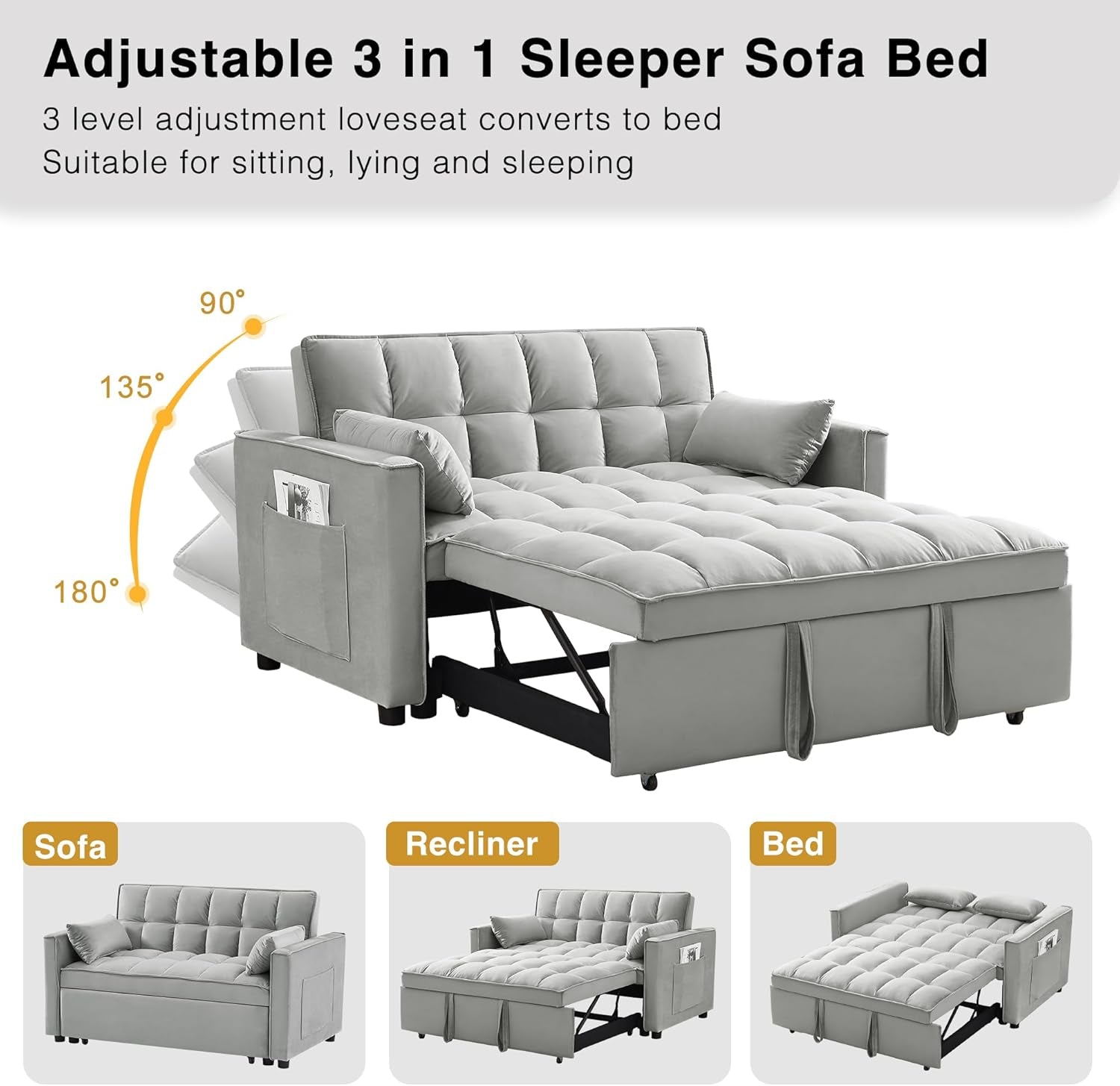 Three In One Convertible Velvet Sleeper Sofa Bed-2