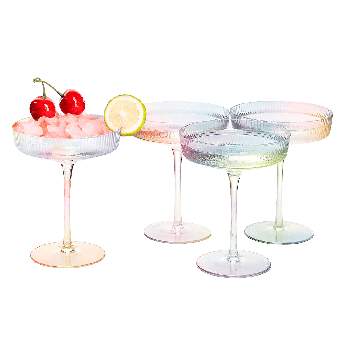 Ribbed Coupe Cocktail Glasses 8 oz | Set of 4 | Classic Manhattan Glasses For Cocktails, Champagne Coupe, Ripple Coupe Glasses, Art Deco Gatsby Vintage, Crystal with Stems (Iridescent) - Loft&Timber