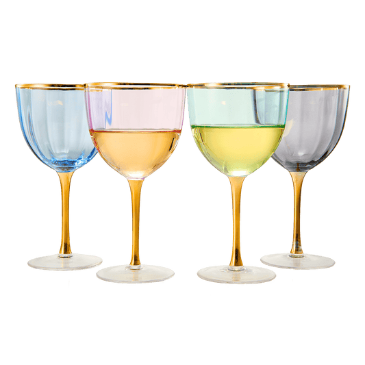 Art Deco Colored Crystal Wine Glass Set of 4, Large 18oz Stemmed Glasses Vibrant Vintage Glasses for White & Red, Water, Margarita Glasses, Gift Idea, Color Glassware - Gilded Rim and Gold Stem - Loft&Timber