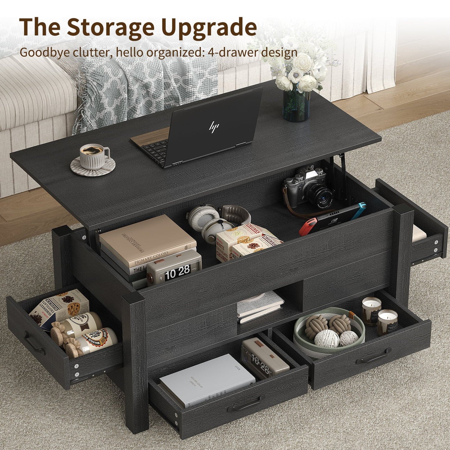 Yanosaku CT002 Lift Top Coffee Table with Storage, Modern Farmhouse Black-4