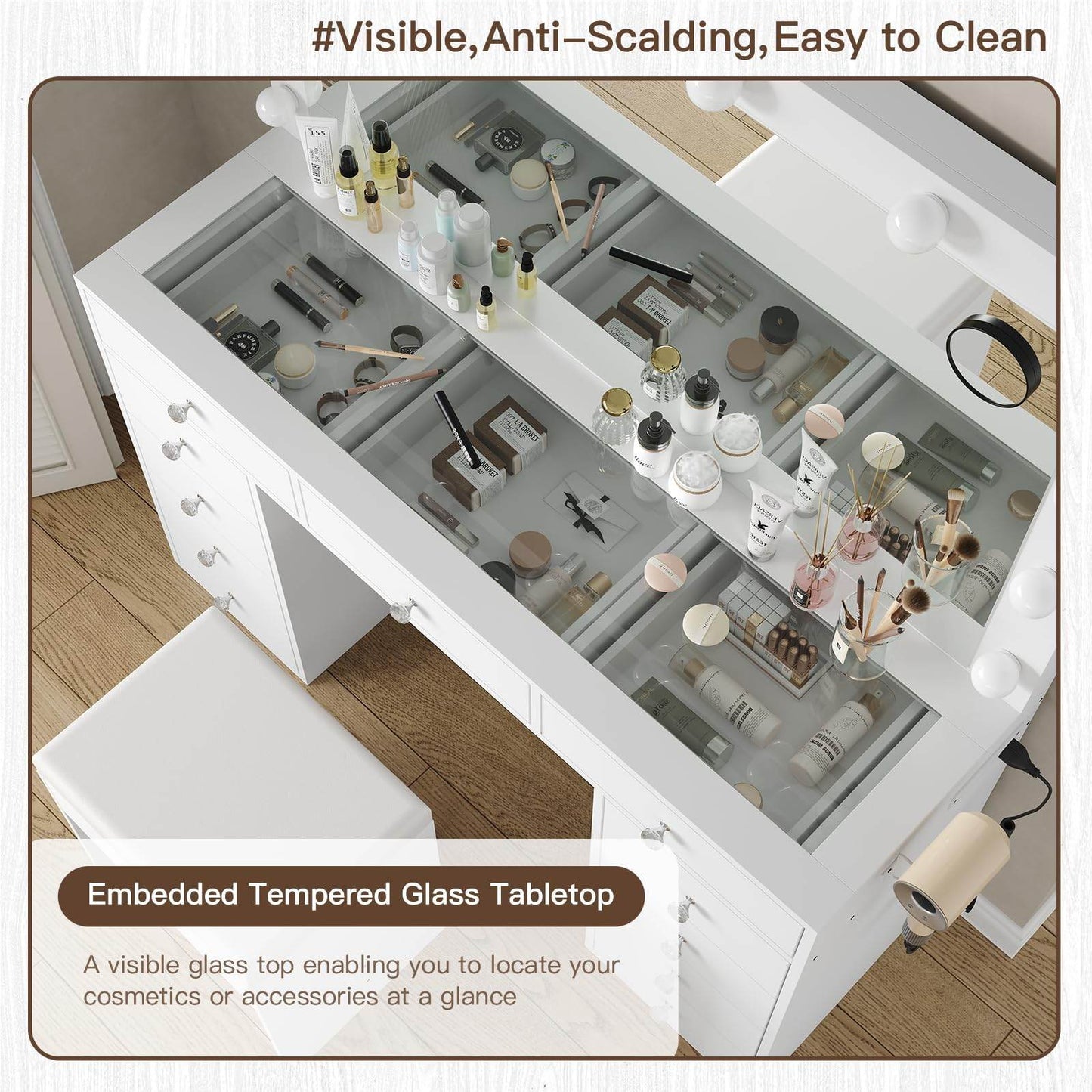 Yanosaku VD003 Bedroom Makeup Vanity desk with LED Mirror, 11 Drawers - Loft&Timber