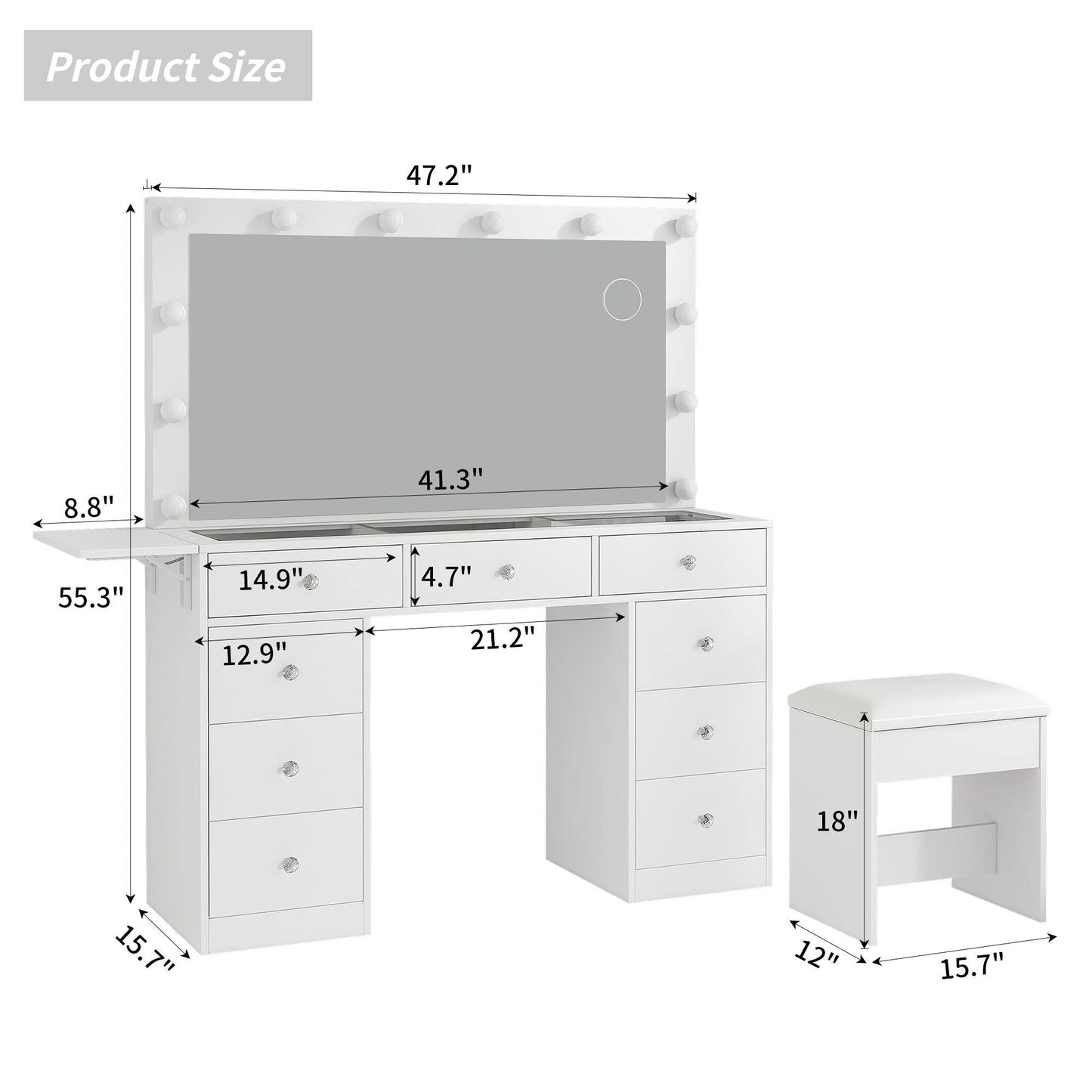 Yanosaku VD007 Bedroom Makeup Vanity desk with LED Mirror, 9 Drawers - Loft&Timber