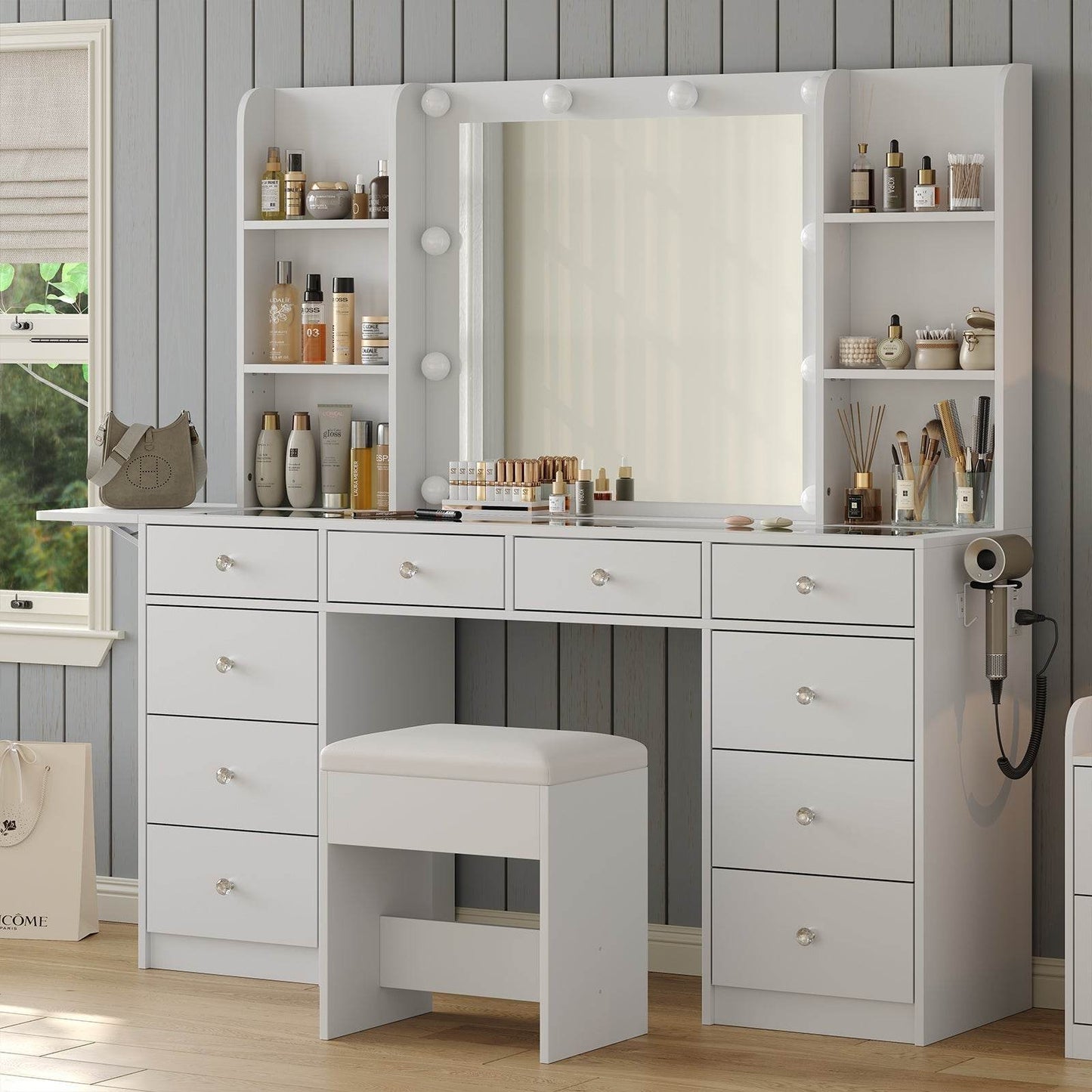 Yanosaku VD011 Bedroom Makeup Vanity desk with LED Mirror, 11 Drawers - Loft&Timber