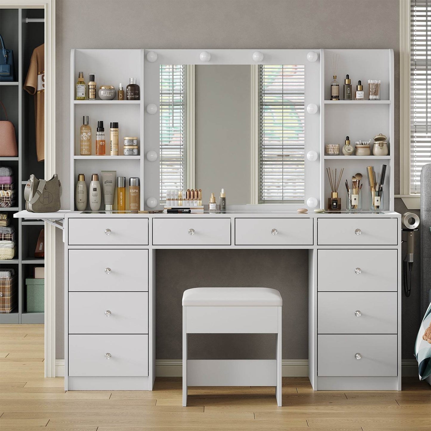 Yanosaku VD011 Bedroom Makeup Vanity desk with LED Mirror, 11 Drawers - Loft&Timber