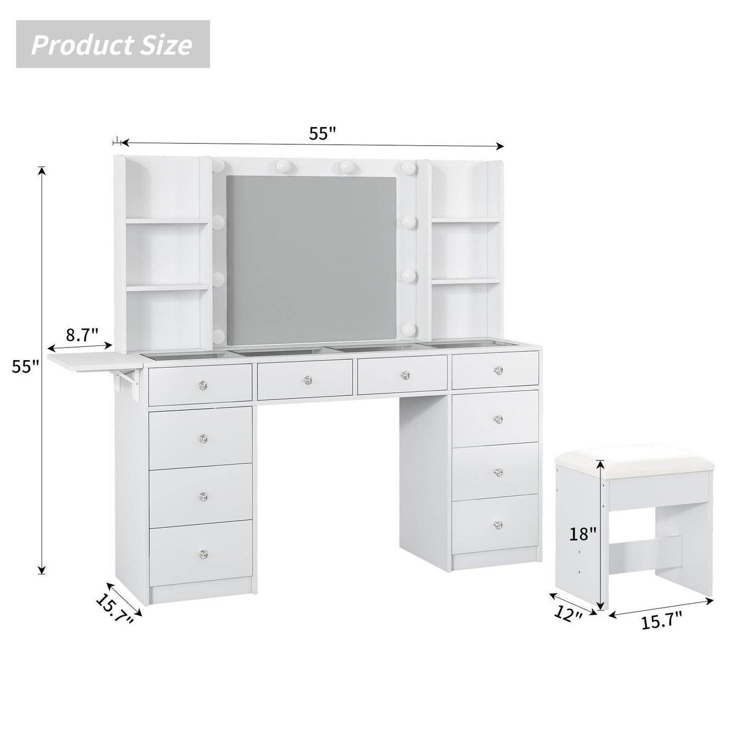 Yanosaku VD011 Bedroom Makeup Vanity desk with LED Mirror, 11 Drawers - Loft&Timber