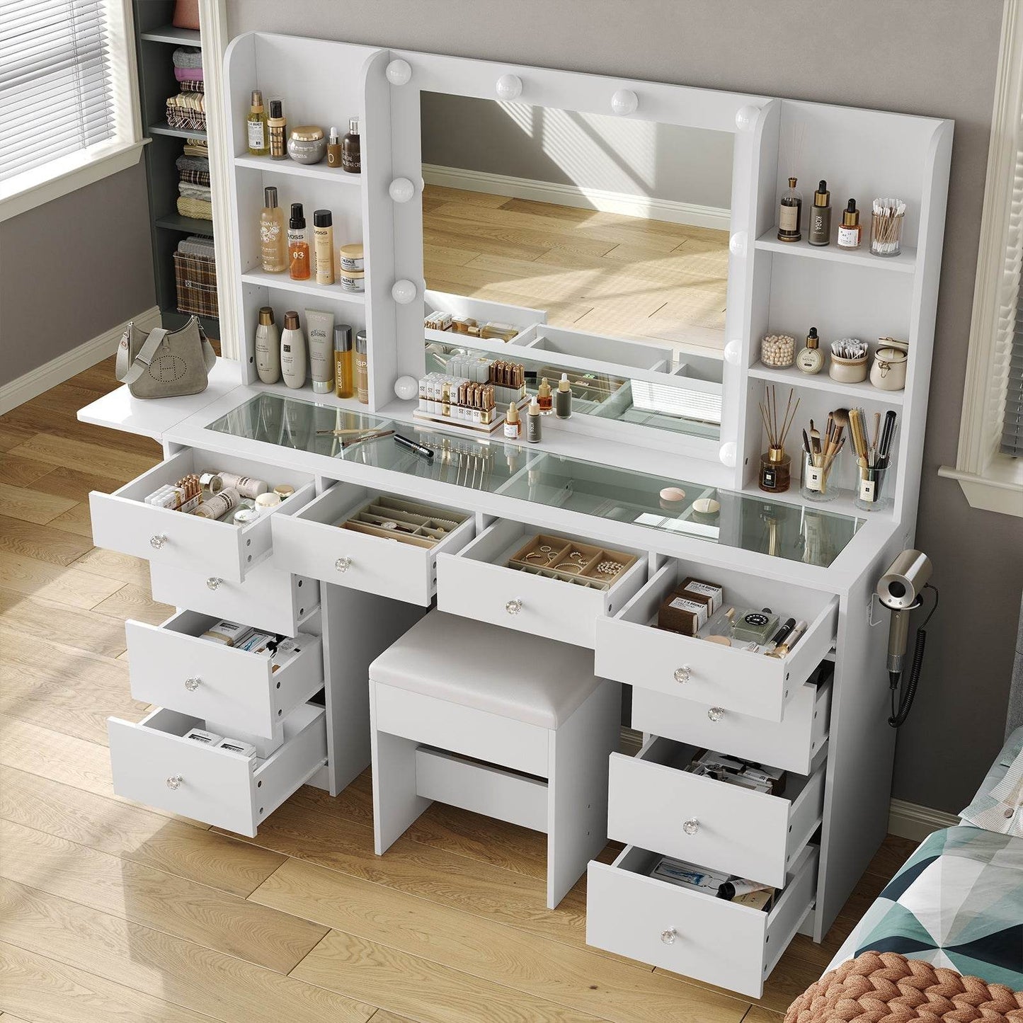 Yanosaku VD011 Bedroom Makeup Vanity desk with LED Mirror, 11 Drawers - Loft&Timber