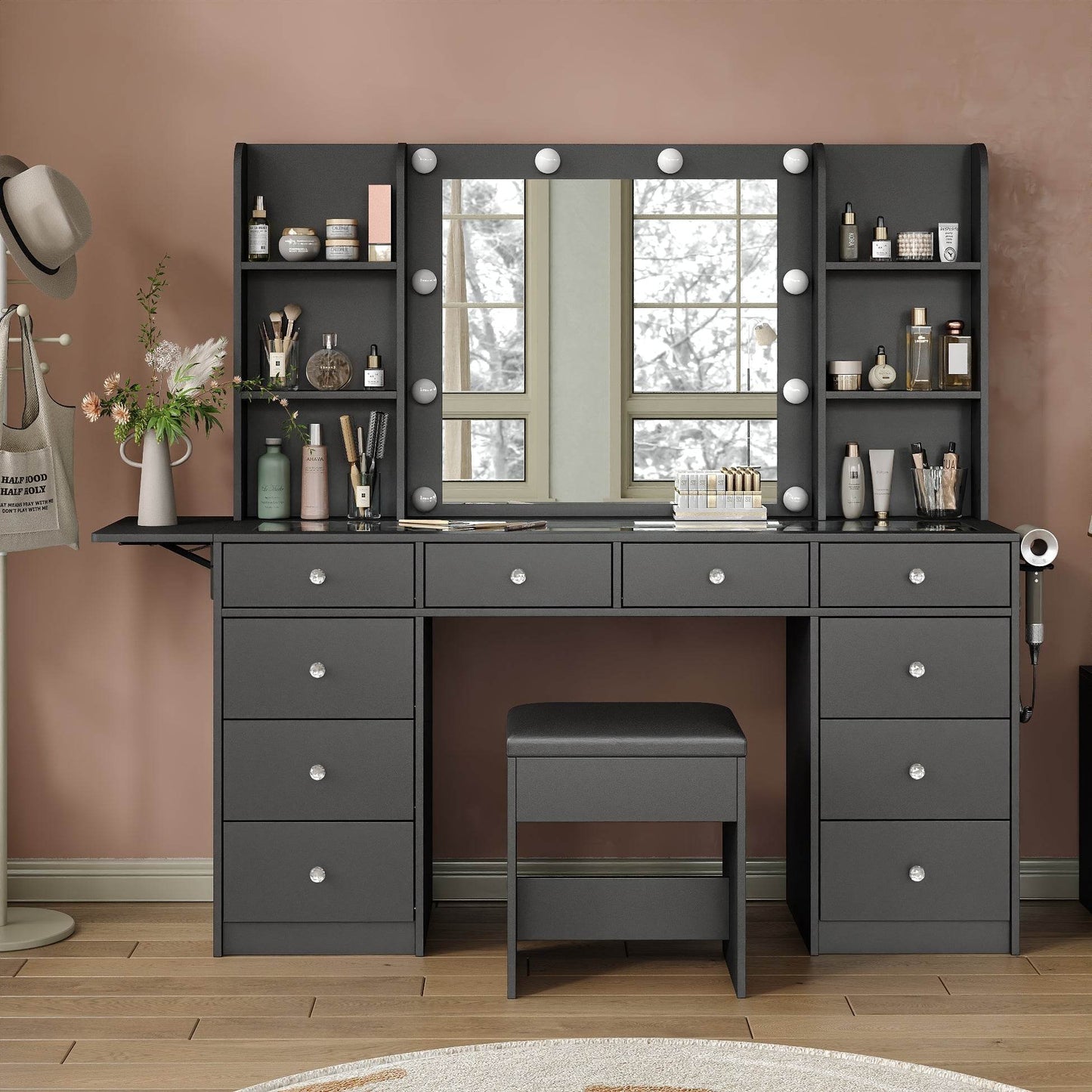 Yanosaku VD011 Bedroom Makeup Vanity desk with LED Mirror, 11 Drawers - Loft&Timber