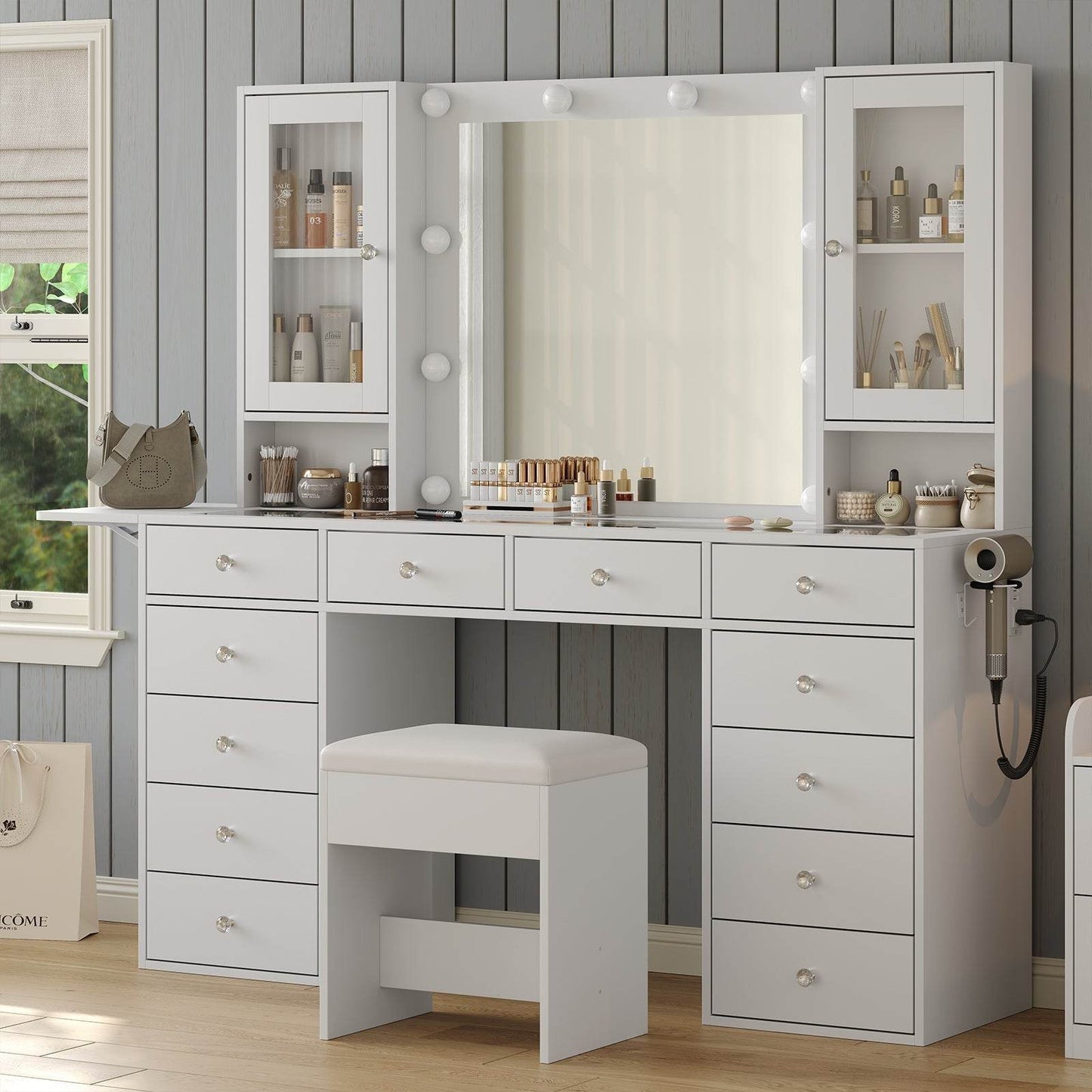 Yanosaku VD012 Bedroom Makeup Vanity desk with LED Mirror, 12 Drawers - Loft&Timber