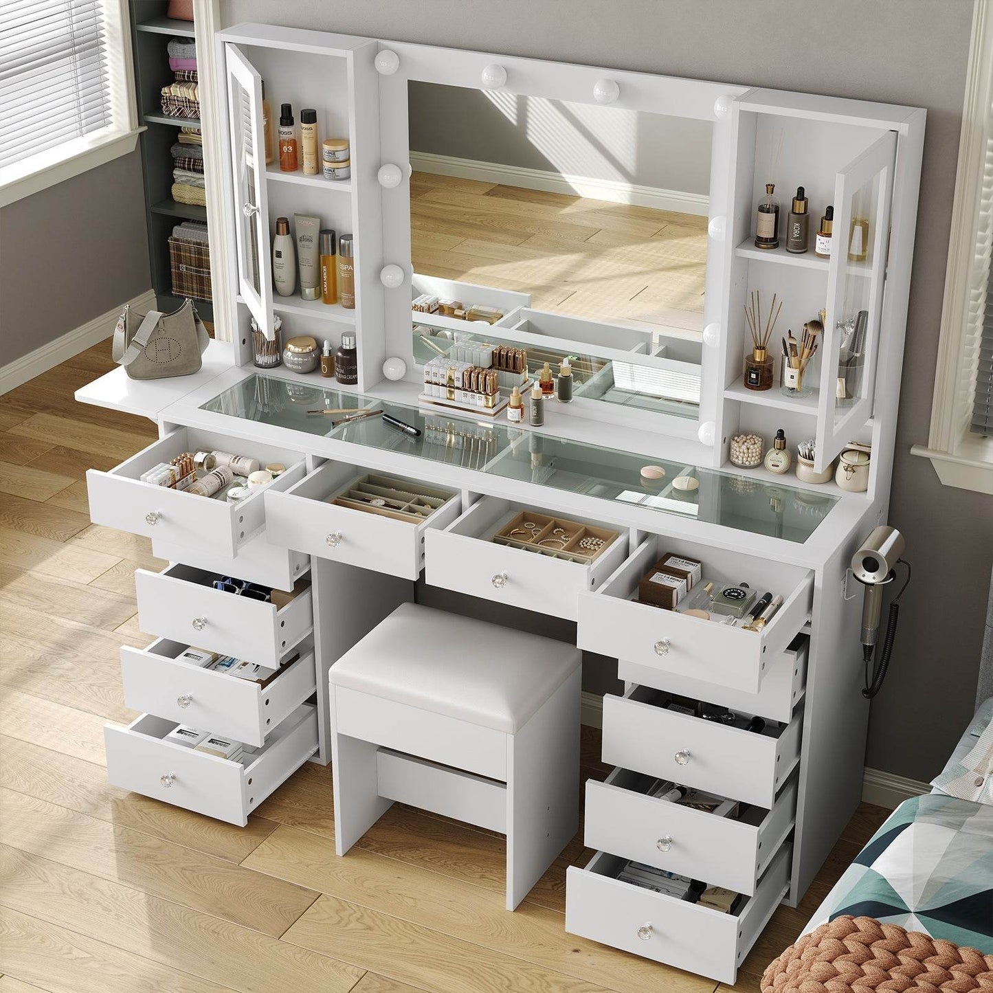 Yanosaku VD012 Bedroom Makeup Vanity desk with LED Mirror, 12 Drawers - Loft&Timber