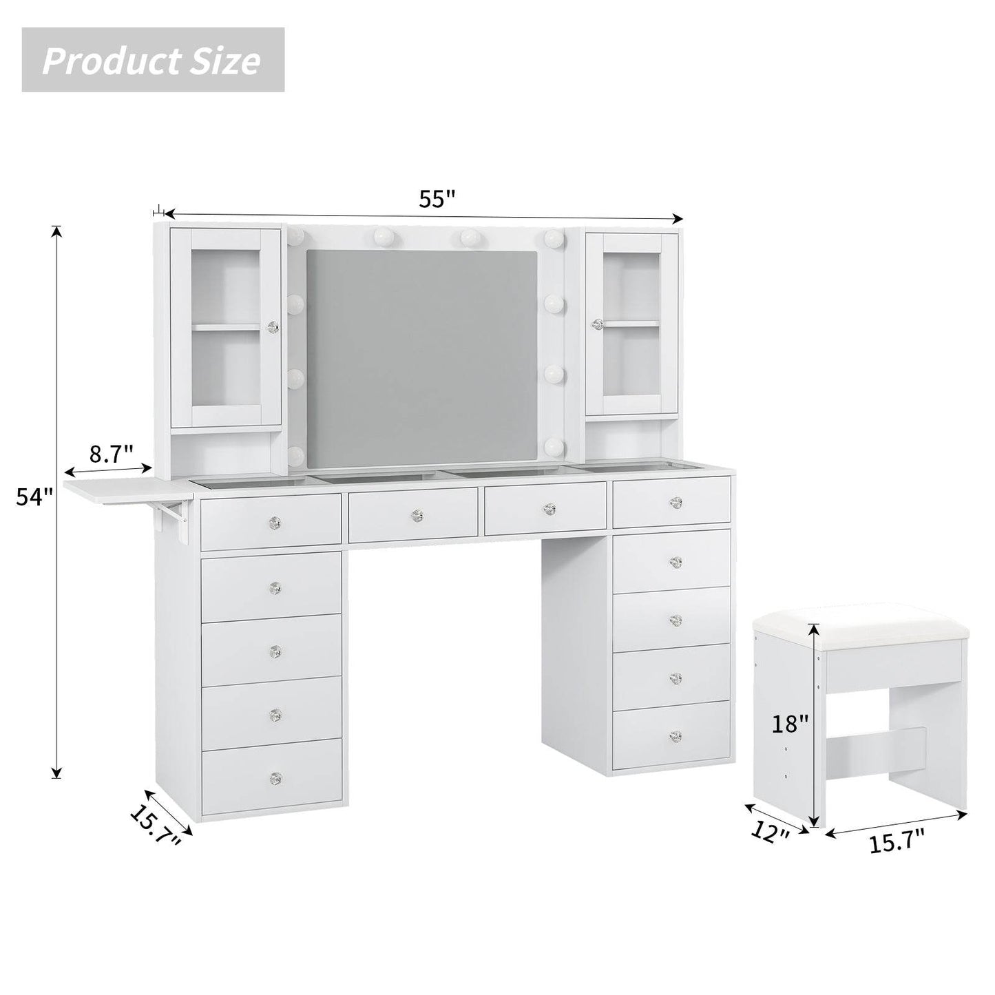 Yanosaku VD012 Bedroom Makeup Vanity desk with LED Mirror, 12 Drawers - Loft&Timber