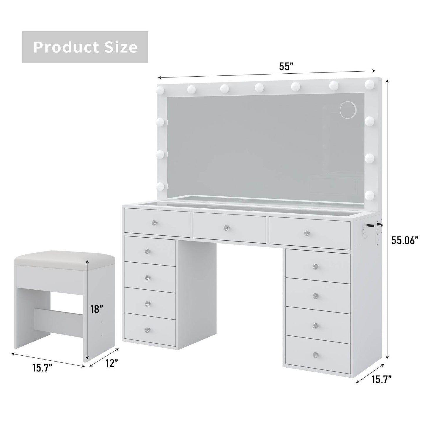 Yanosaku VD015 Bedroom Makeup Vanity desk with LED Mirror, 11 Drawers - Loft&Timber