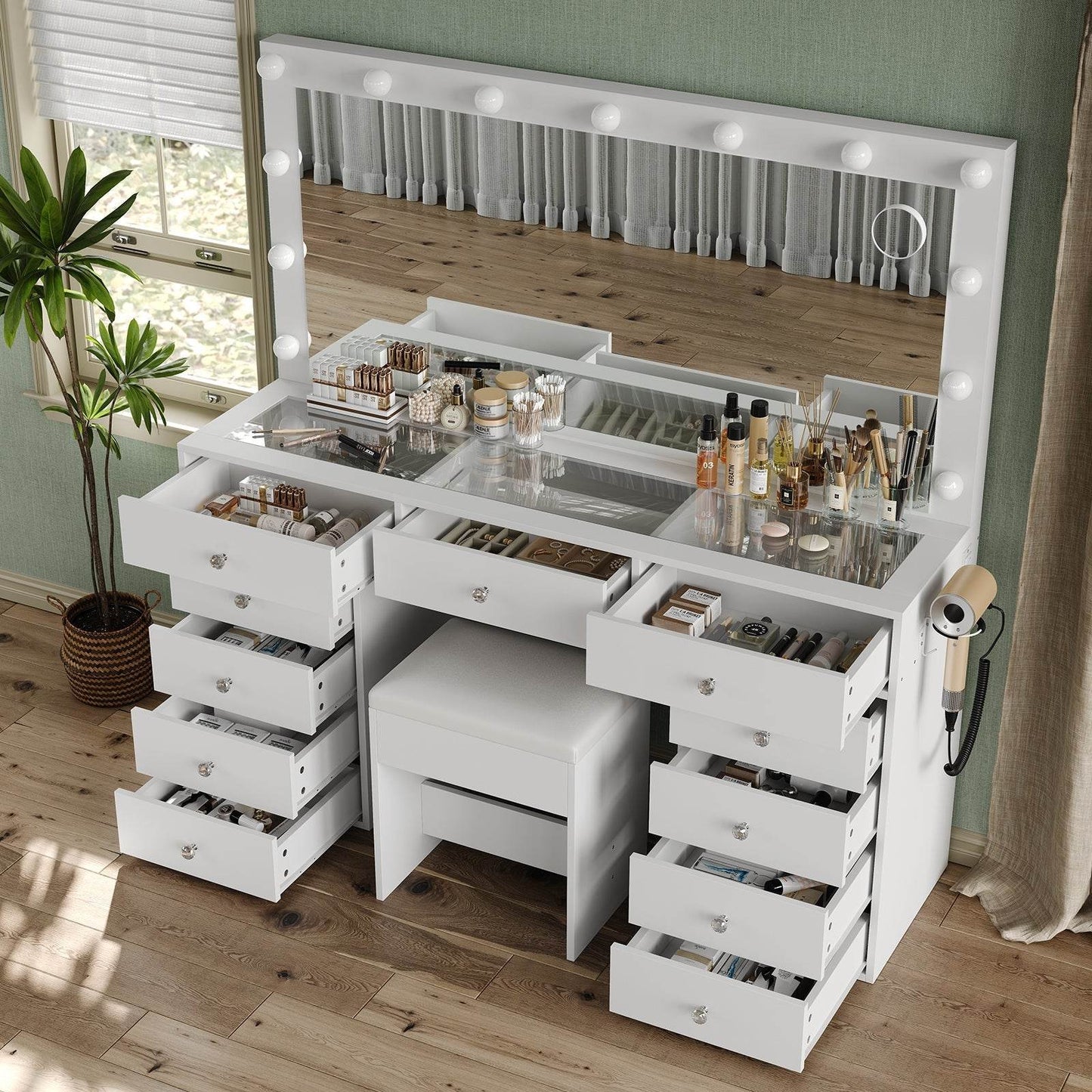 Yanosaku VD015 Bedroom Makeup Vanity desk with LED Mirror, 11 Drawers - Loft&Timber