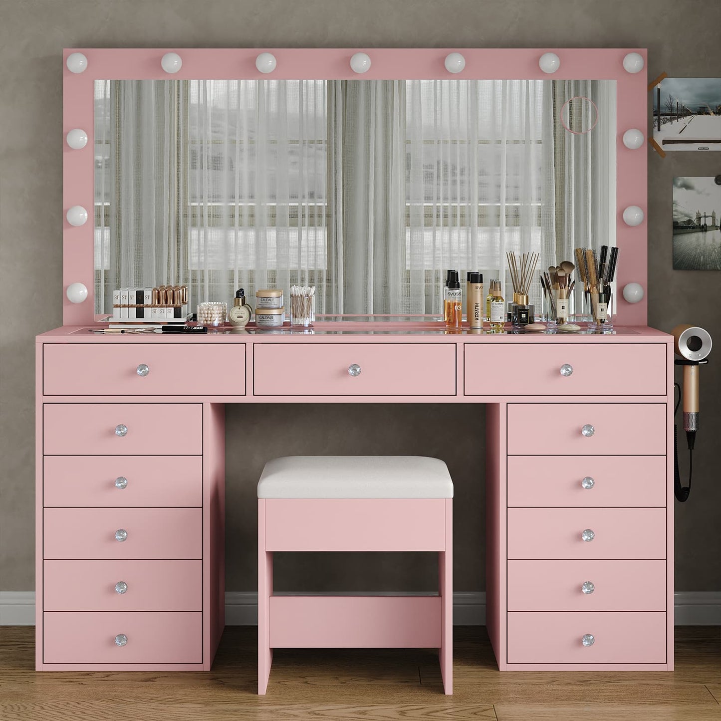 Yanosaku VD016 Bedroom Makeup Vanity desk with LED Mirror, 13 Drawers-7