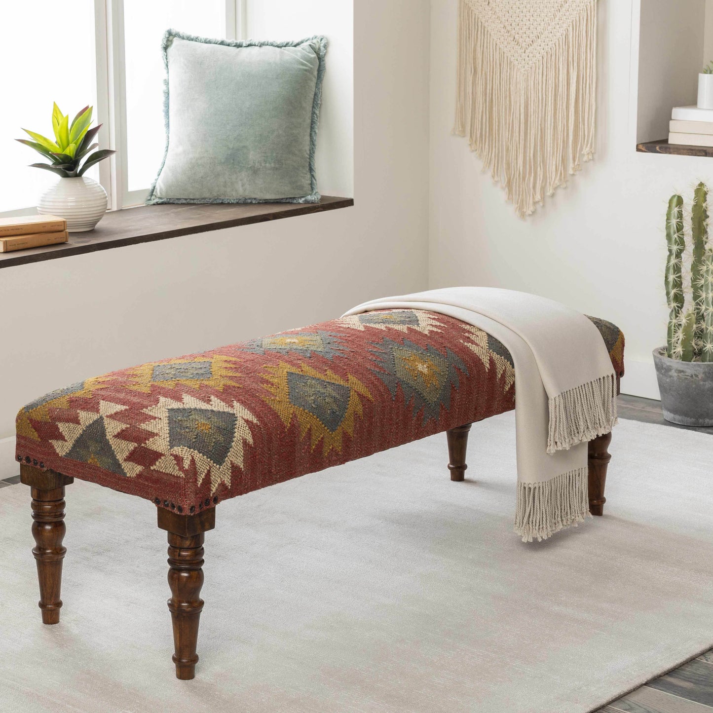 Yunak Rustic Geometric Tapestry Bench - Loft&Timber