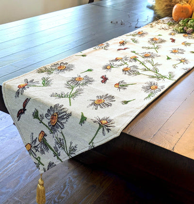 Tache Floral Yellow Daisies Ladybugs Ivory Woven Tapestry Table Runner (18114)-0