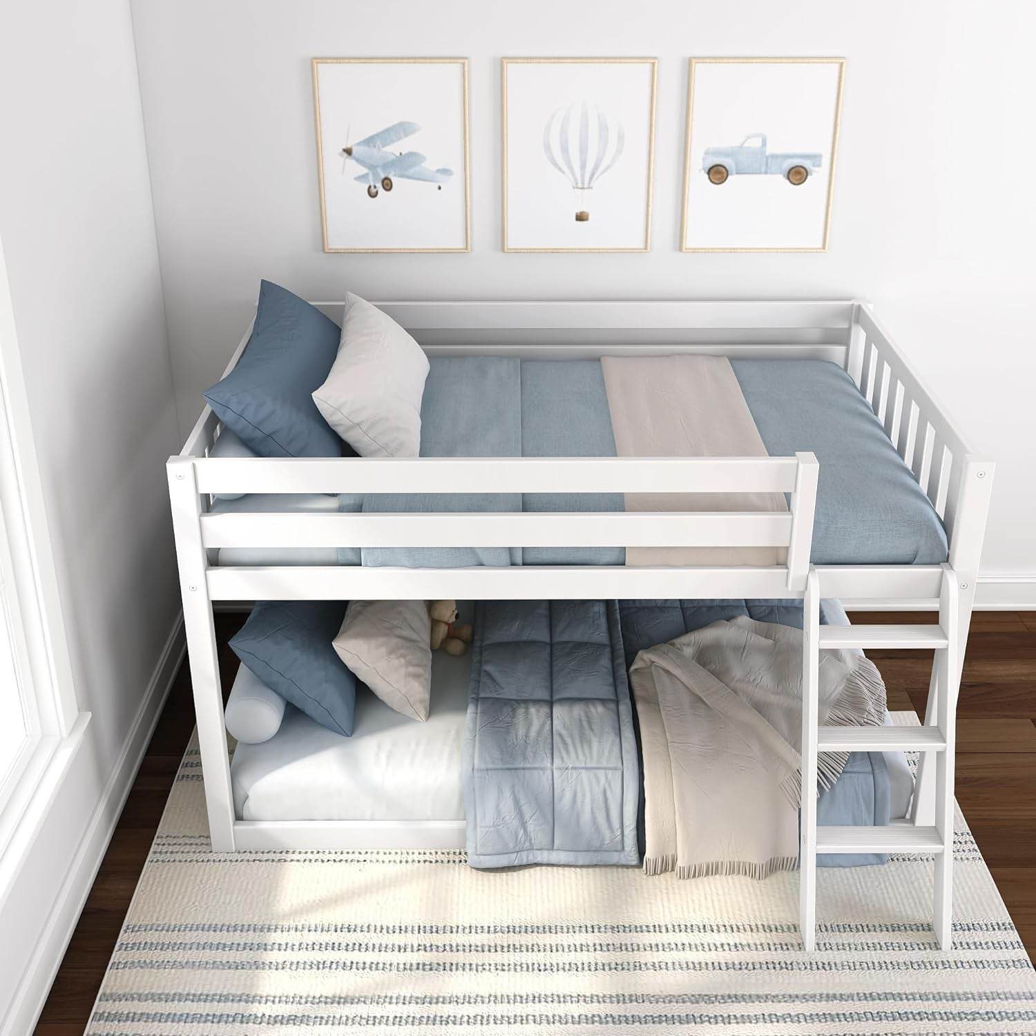 White Fundamental Twin Low Bunk Bed, Kids Solid Wood Modern Bed Frame - Loft&Timber