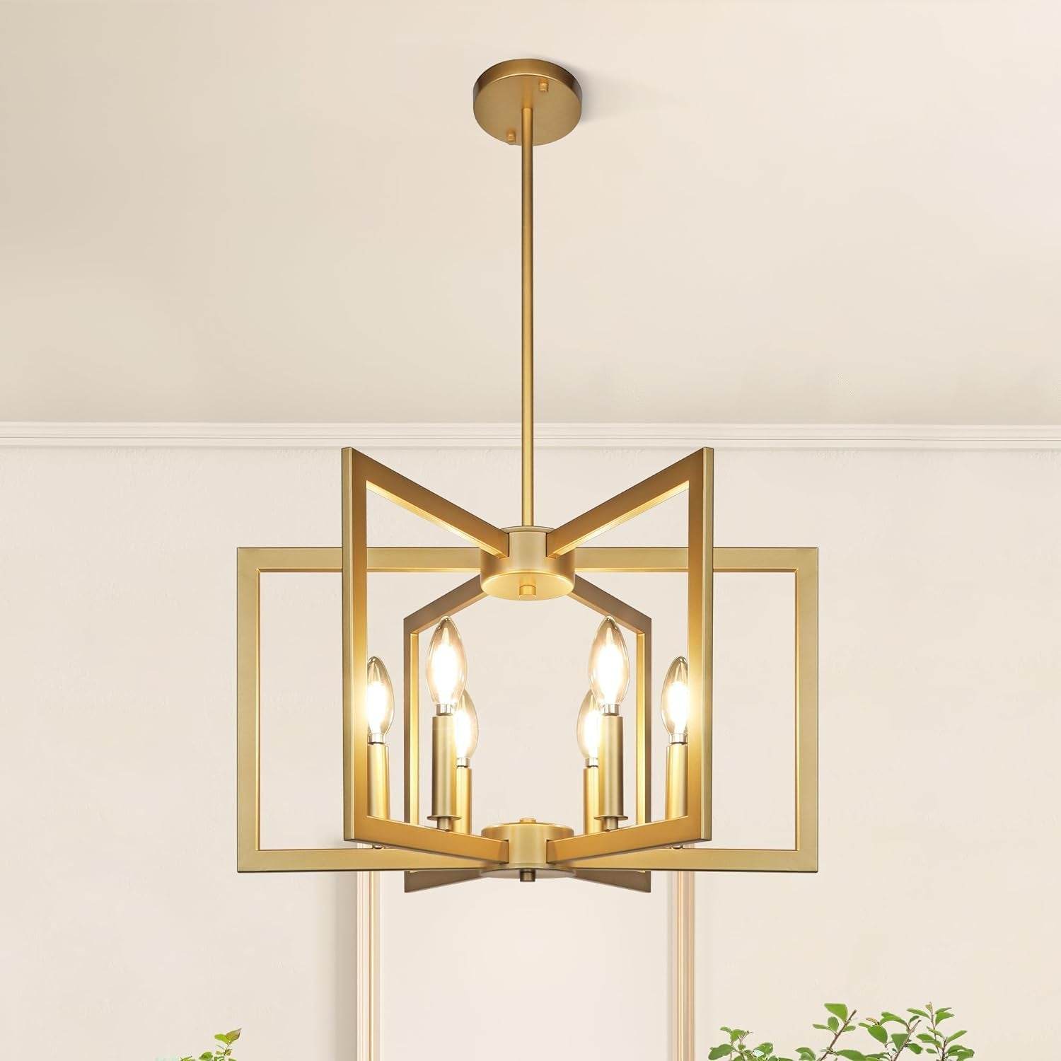 6-Light Gold Pendant Light, Modern Farmhouse Dining Room Light Fixtures over Table, Industrial Metal Geometric Kitchen Chandelier for Entryway Hallway Foyer Bedroom - Loft&Timber