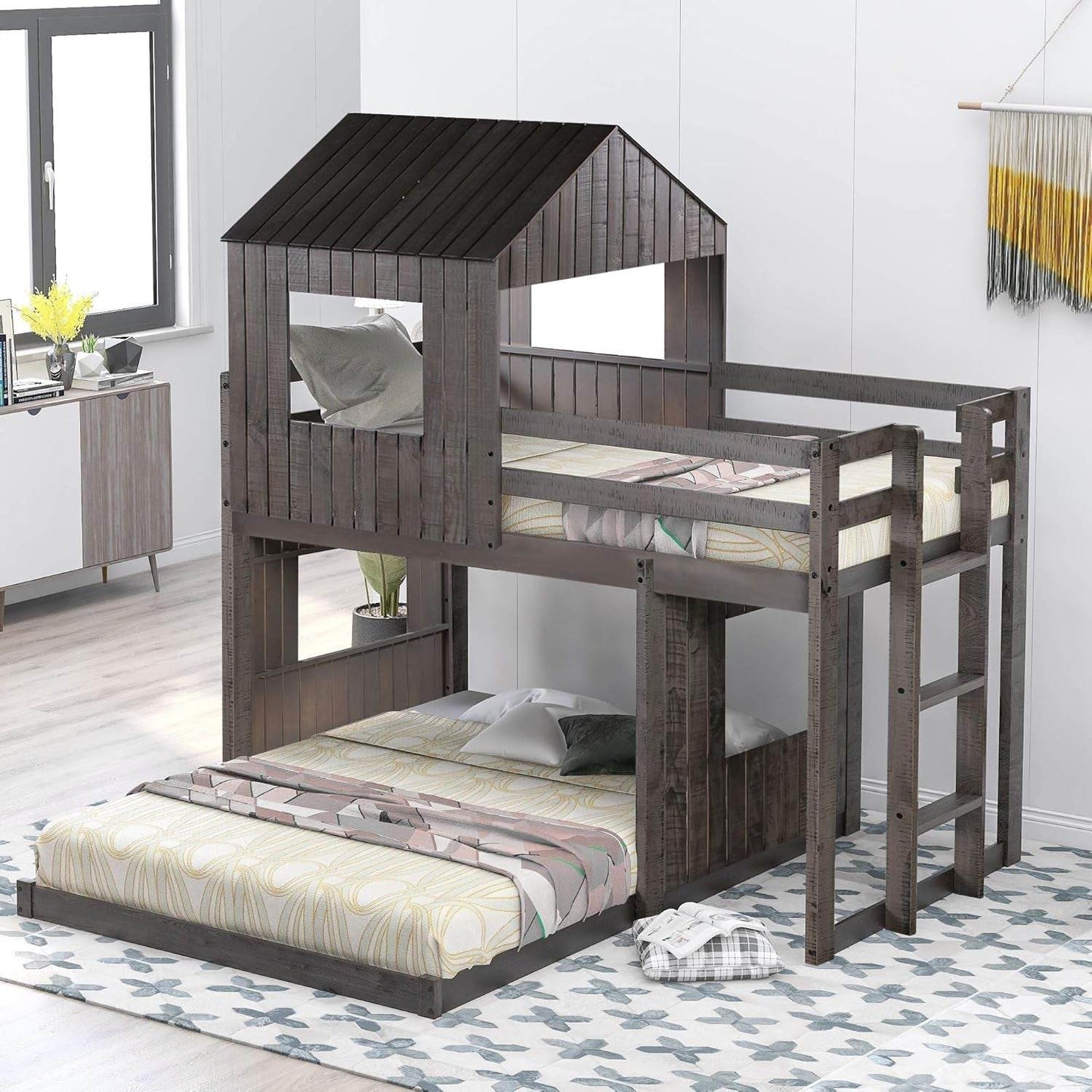 House Bunk Beds Twin over Full Size, Wood Bunk Beds with Roof and Window (Distressed Grey, Twin over Full) - Loft&Timber