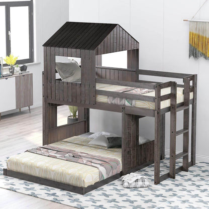 House Bunk Beds Twin over Full Size, Wood Bunk Beds with Roof and Window (Distressed Grey, Twin over Full) - Loft&Timber